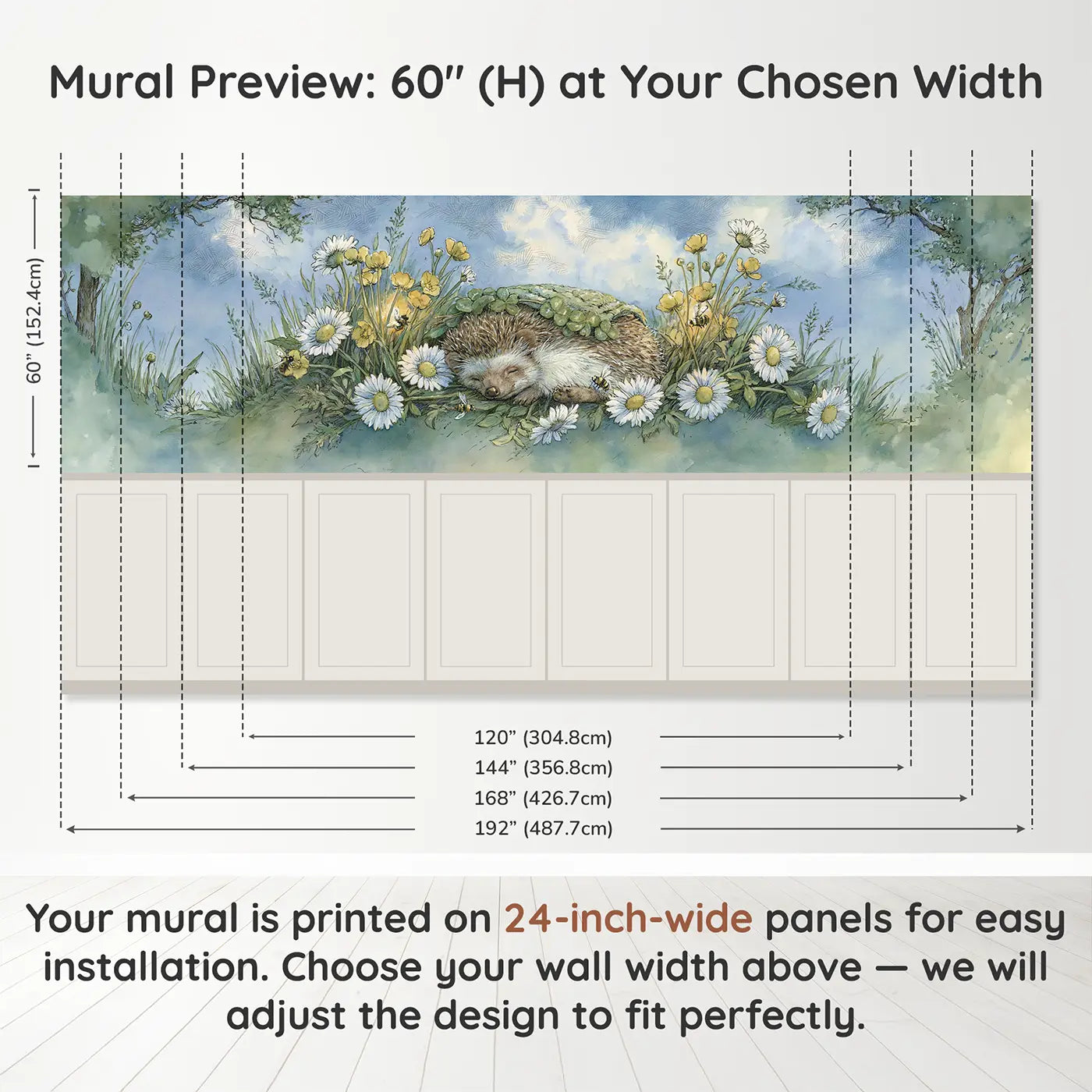 Panel dimensions for Hedgehog Wildflower Nap Wainscoting Wallpaper by Whimsy Tots