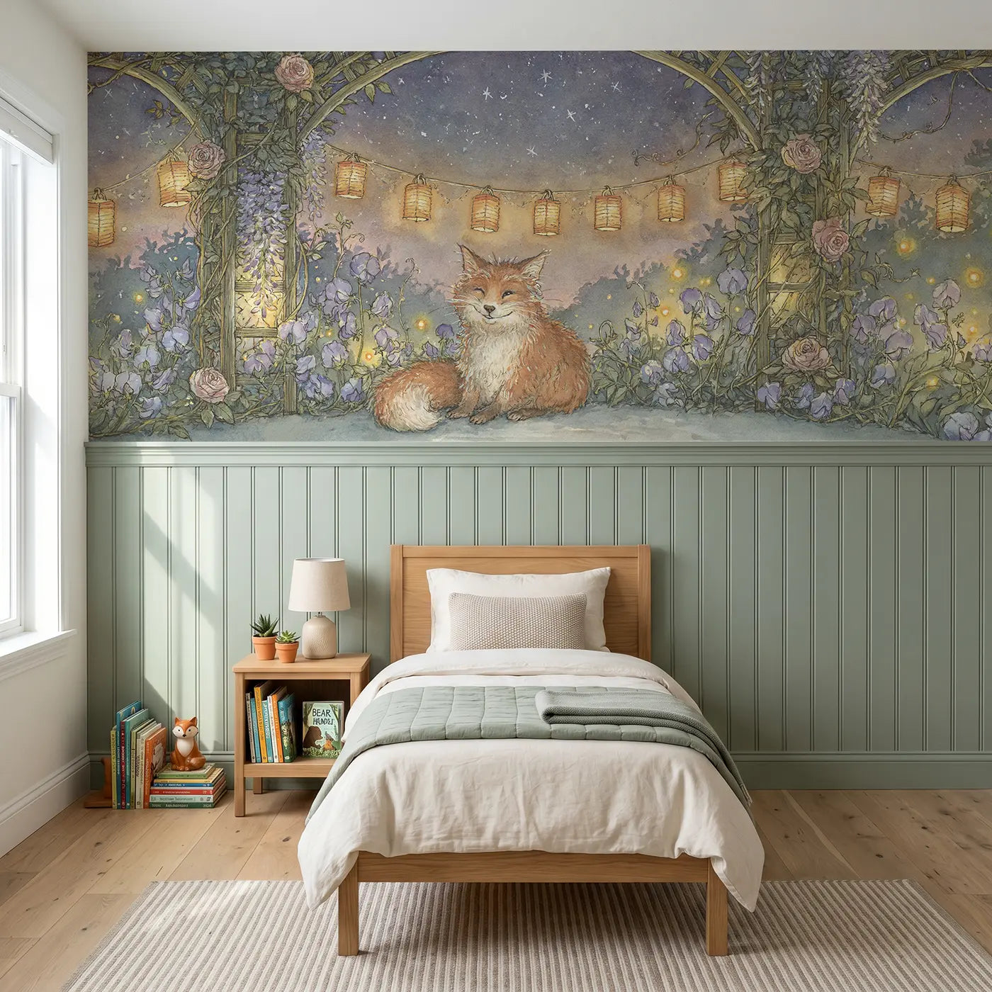 Storybook fox garden lantern evening wainscoting wallpaper for bedroom by Whimsy Tots