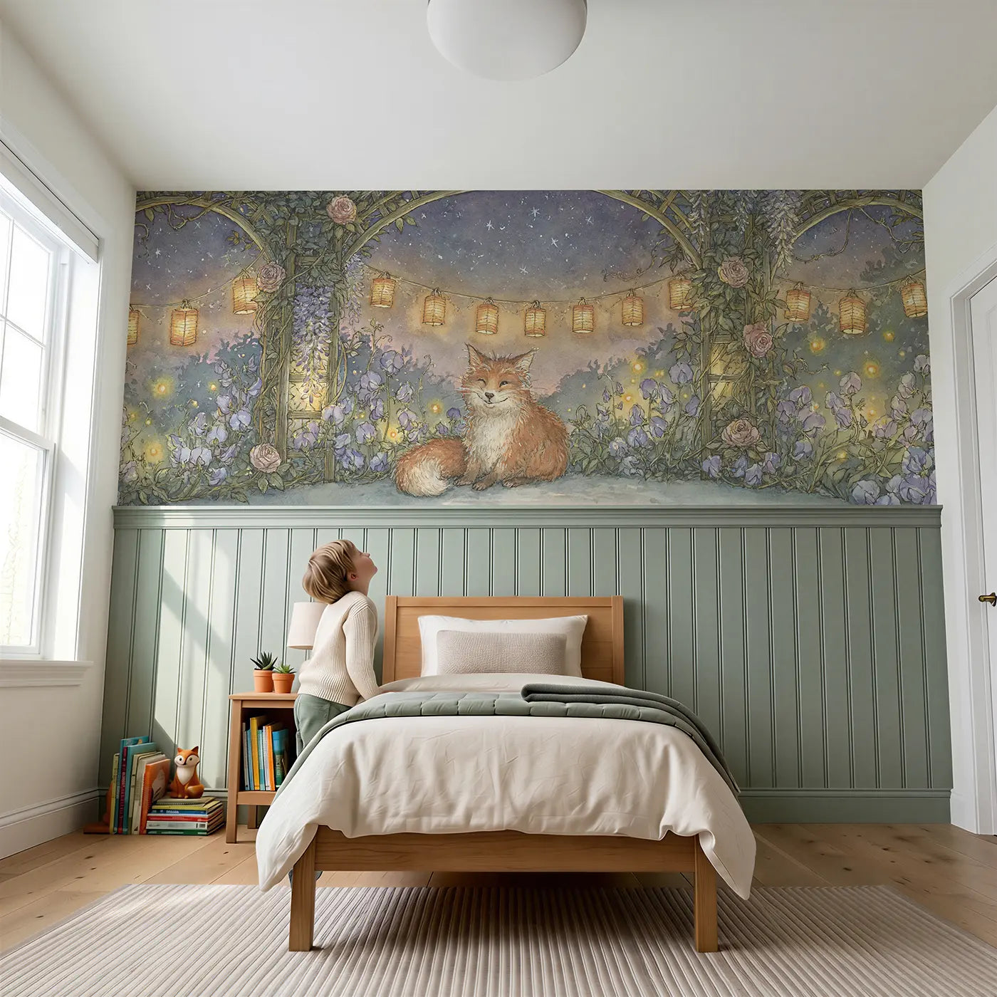 Child reading near Fox Garden Lantern Evening Wainscoting Wallpaper by Whimsy Tots