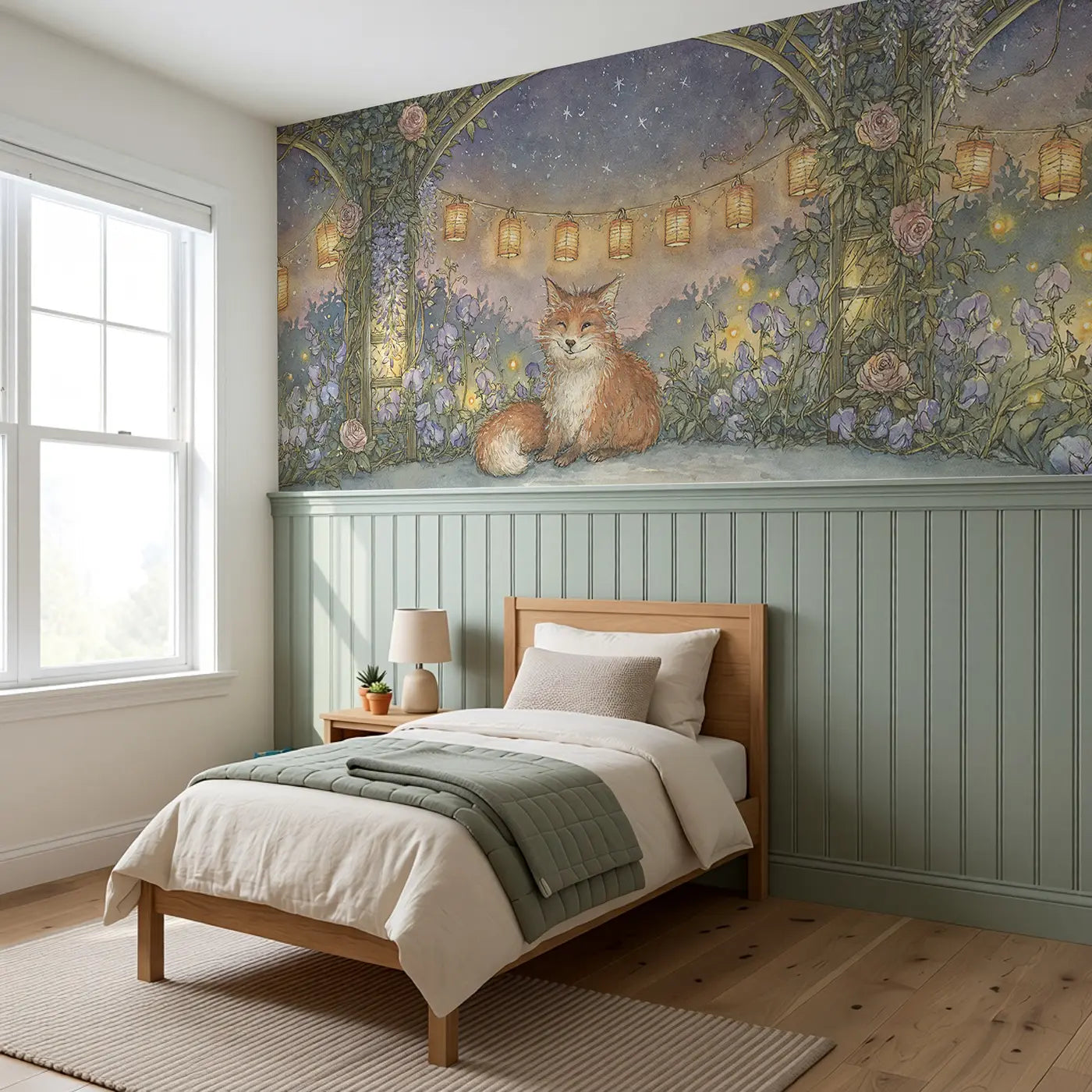 Fox Garden Lantern Evening Wainscoting Wallpaper styled in a kids bedroom by Whimsy Tots