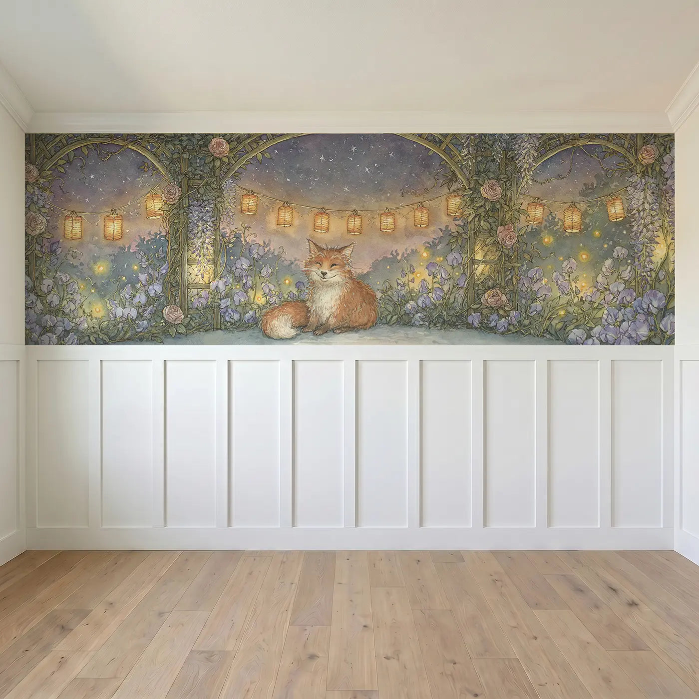 Full panel view of Fox Garden Lantern Evening Wainscoting Wallpaper by Whimsy Tots