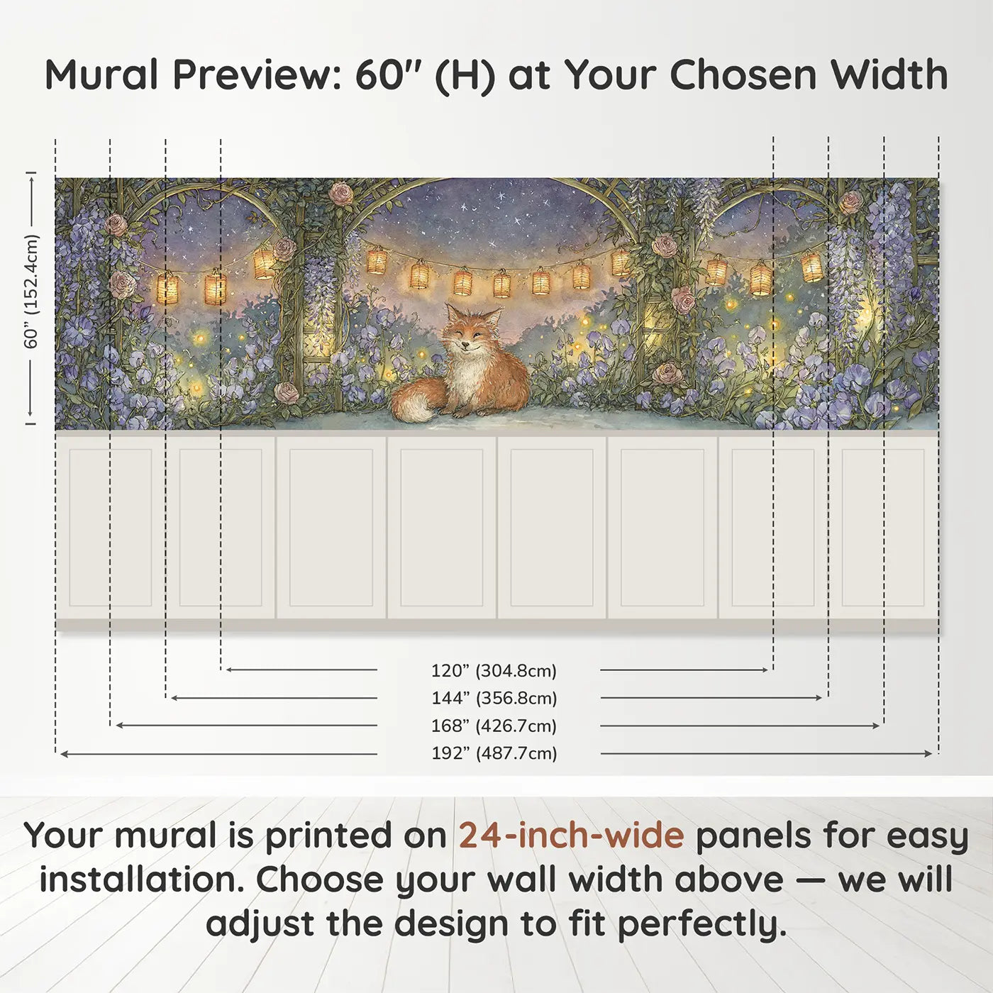Panel dimensions for Fox Garden Lantern Evening Wainscoting Wallpaper by Whimsy Tots