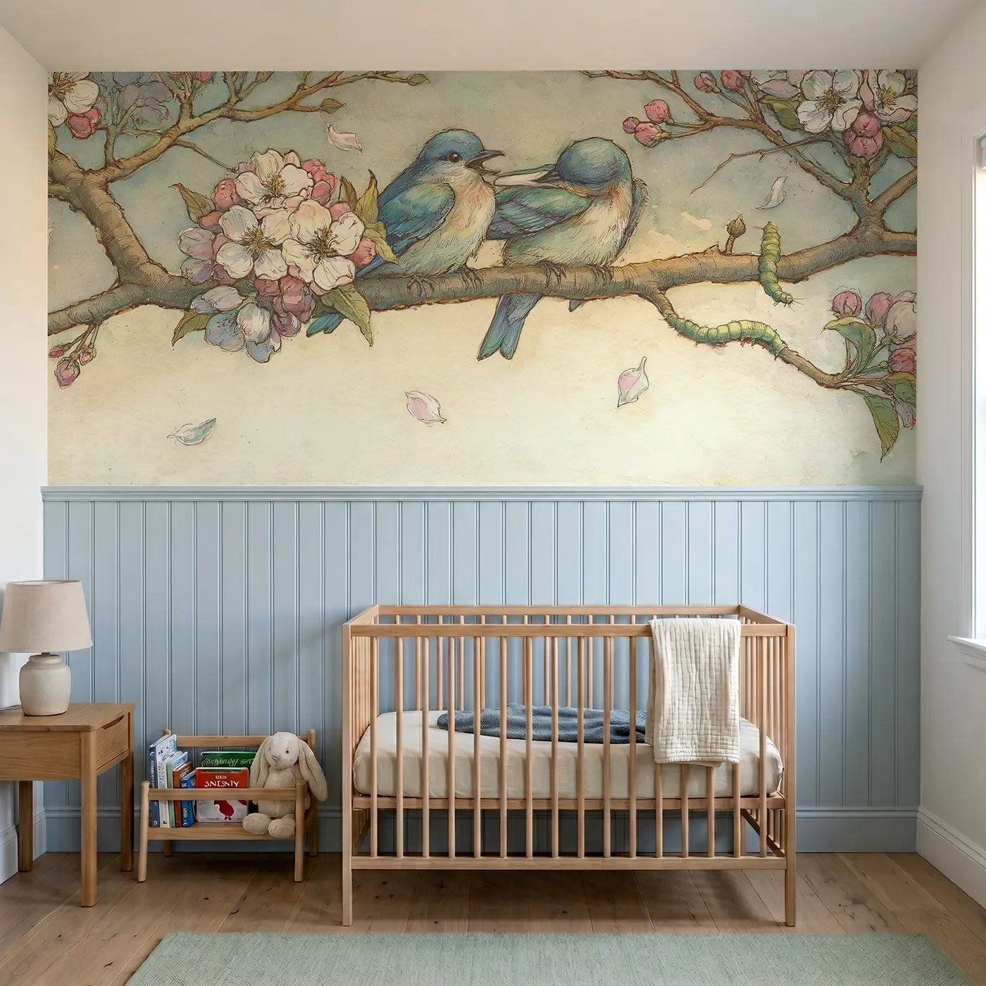 Storybook bluebird blossom branch wainscoting wallpaper for nursery by Whimsy Tots