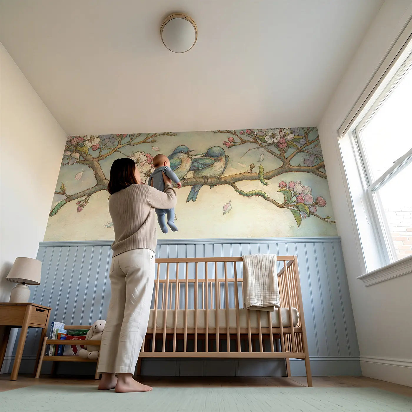 Child reading near Bluebird Blossom Branch Wainscoting Wallpaper by Whimsy Tots
