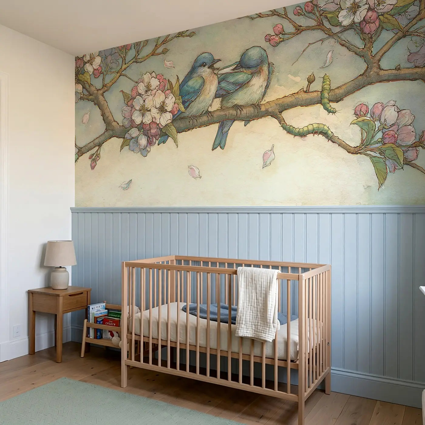 Bluebird Blossom Branch Wainscoting Wallpaper styled in a kids bedroom by Whimsy Tots