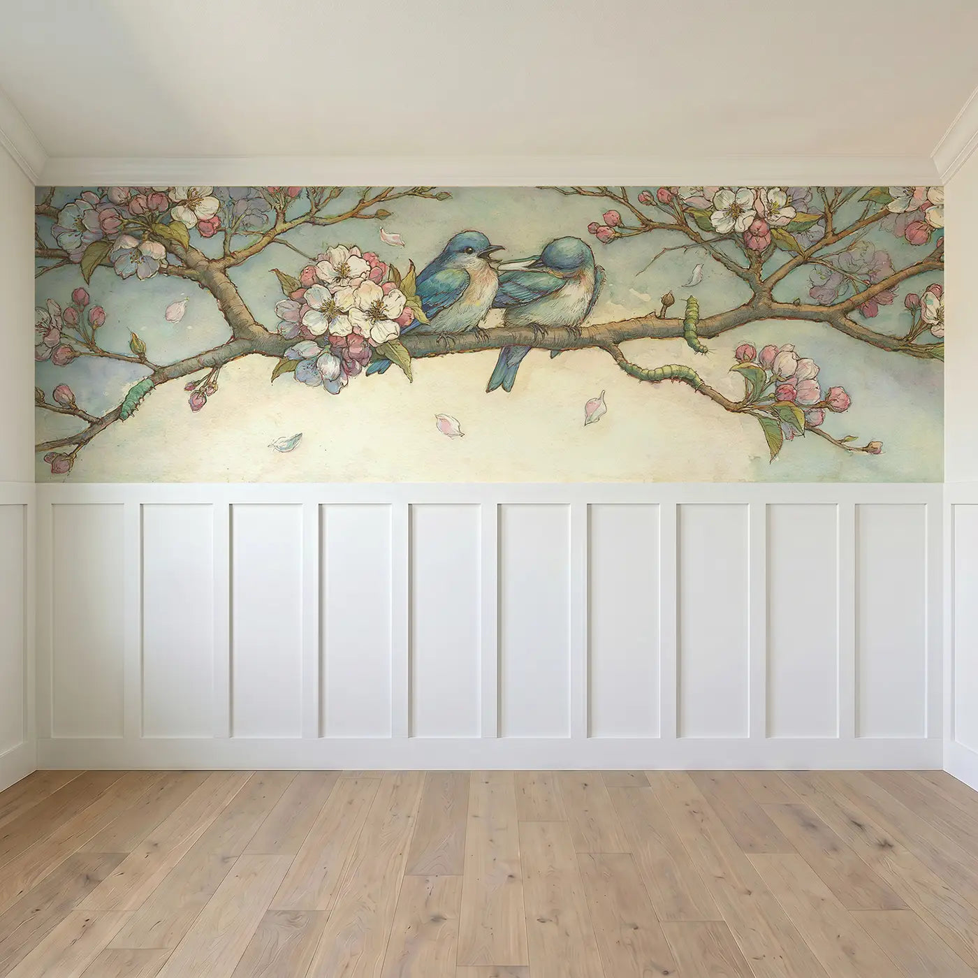 Full panel view of Bluebird Blossom Branch Wainscoting Wallpaper by Whimsy Tots