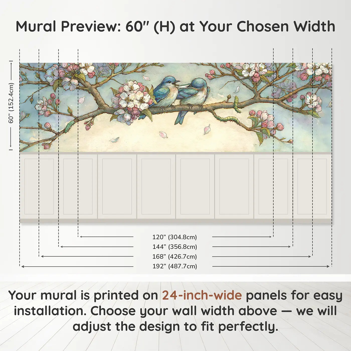 Panel dimensions for Bluebird Blossom Branch Wainscoting Wallpaper by Whimsy Tots