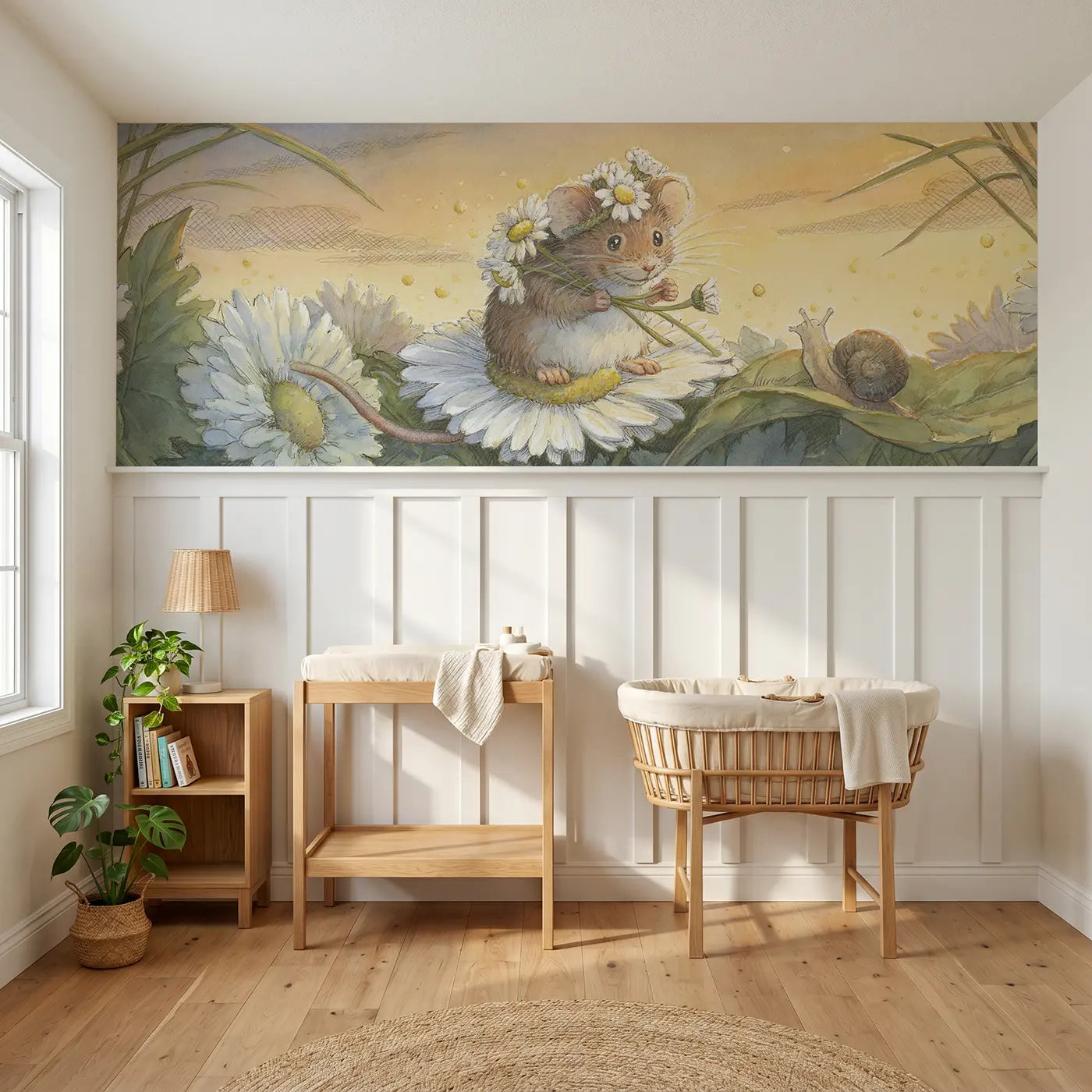 Storybook mouse daisy crown workshop wainscoting wallpaper for nursery by Whimsy Tots