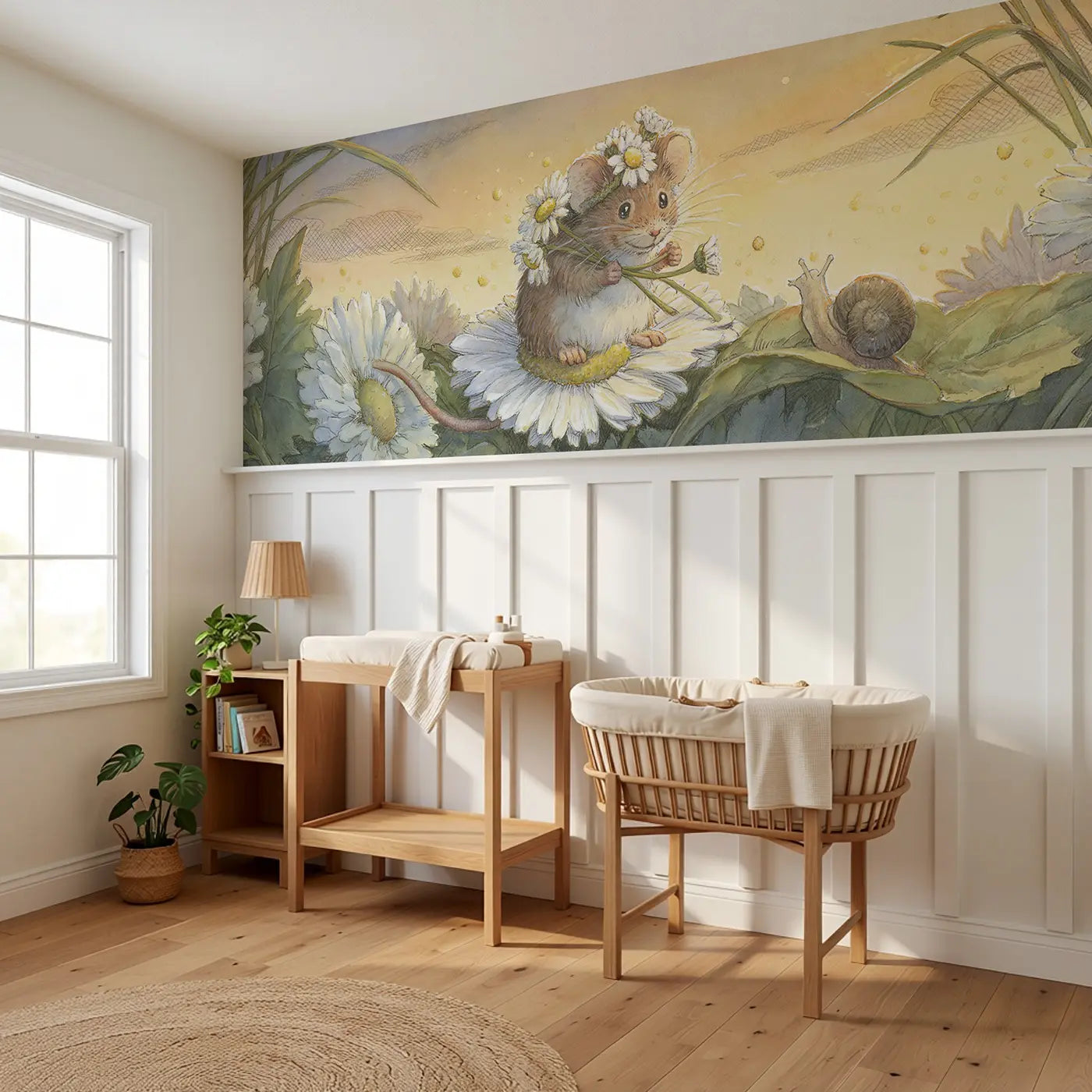 Mouse Daisy Crown Workshop Wainscoting Wallpaper styled in a kids bedroom by Whimsy Tots