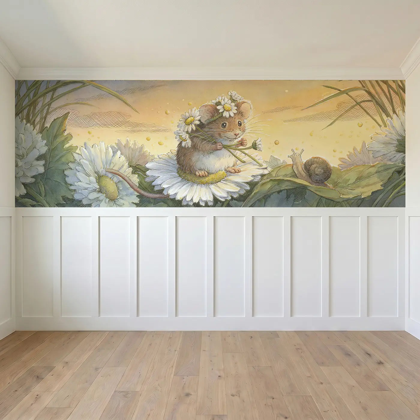 Full panel view of Mouse Daisy Crown Workshop Wainscoting Wallpaper by Whimsy Tots