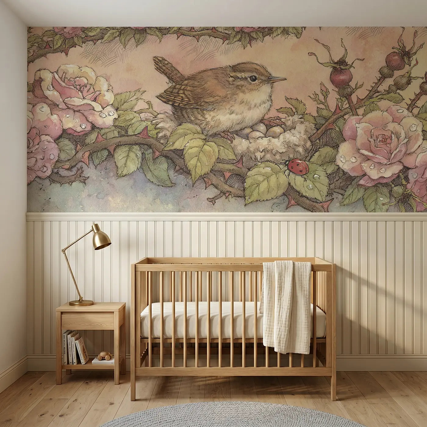Storybook wren nest rose hedge wainscoting wallpaper for nursery by Whimsy Tots