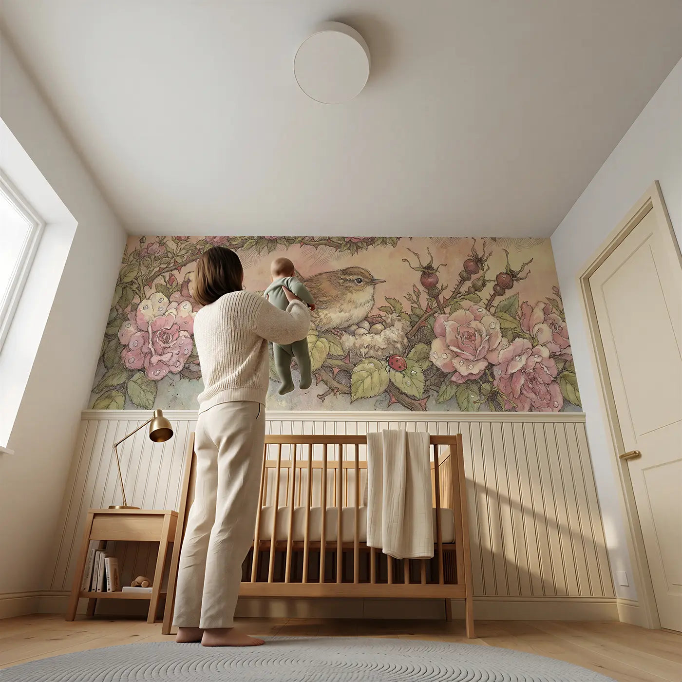Child reading near Wren Nest Rose Hedge Wainscoting Wallpaper by Whimsy Tots