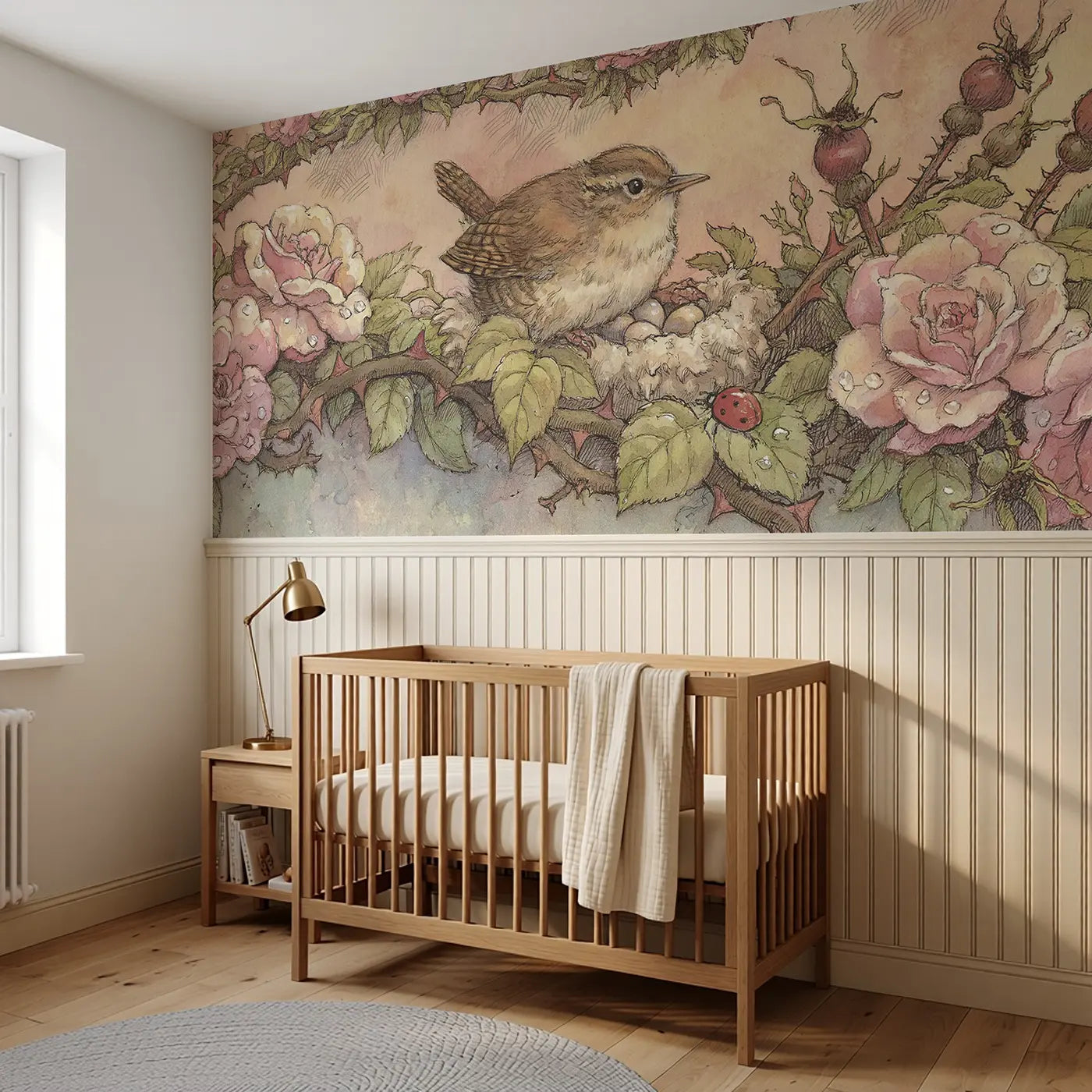 Wren Nest Rose Hedge Wainscoting Wallpaper styled in a kids bedroom by Whimsy Tots