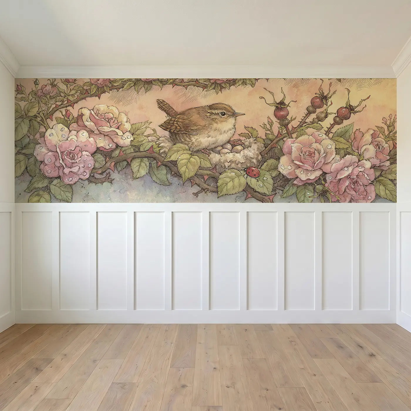 Full panel view of Wren Nest Rose Hedge Wainscoting Wallpaper by Whimsy Tots