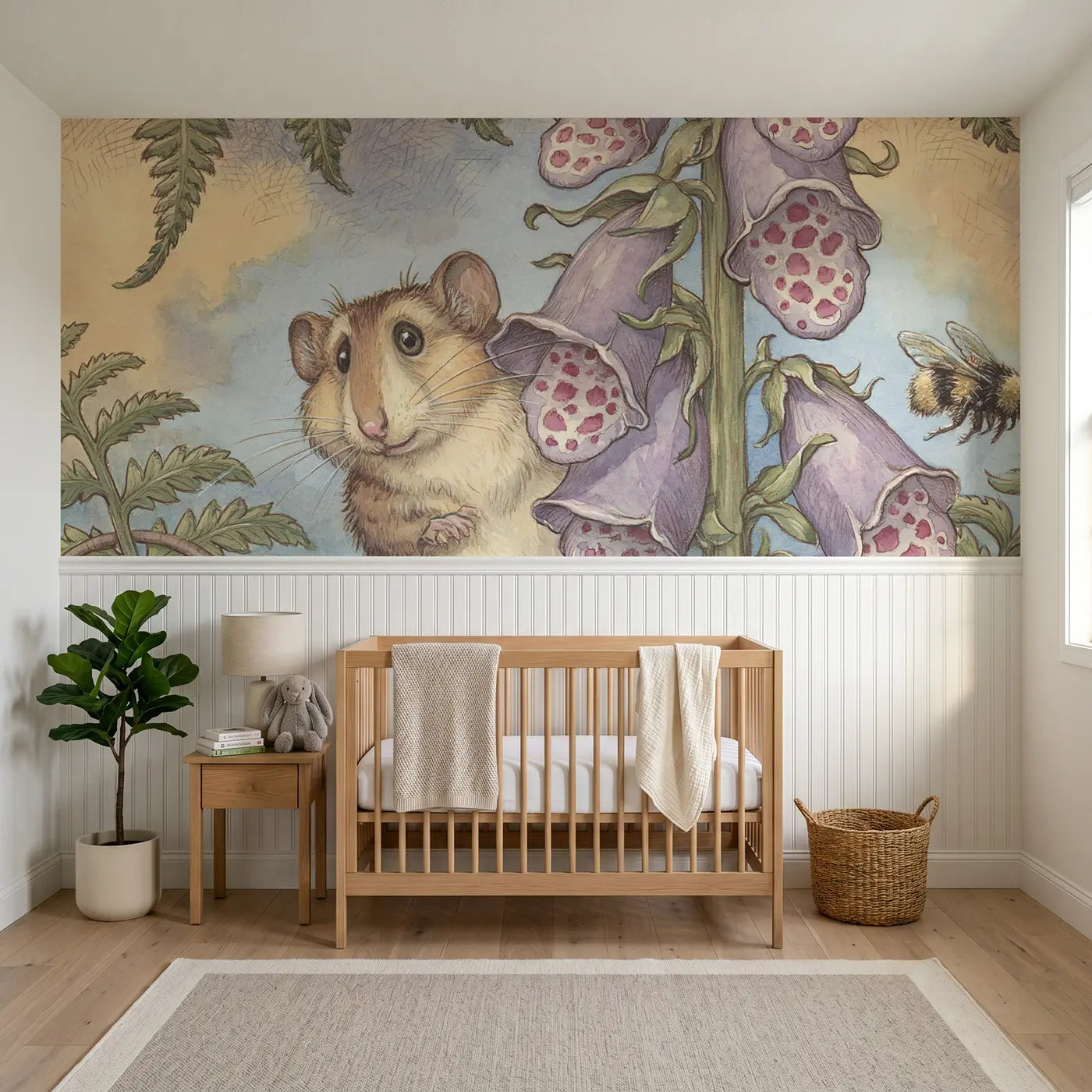 Storybook dormouse foxglove tower wainscoting wallpaper for nursery by Whimsy Tots