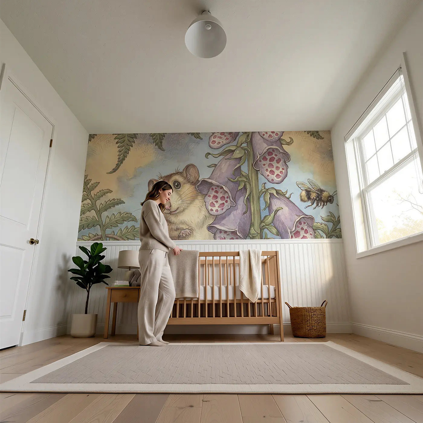 Child reading near Dormouse Foxglove Tower Wainscoting Wallpaper by Whimsy Tots