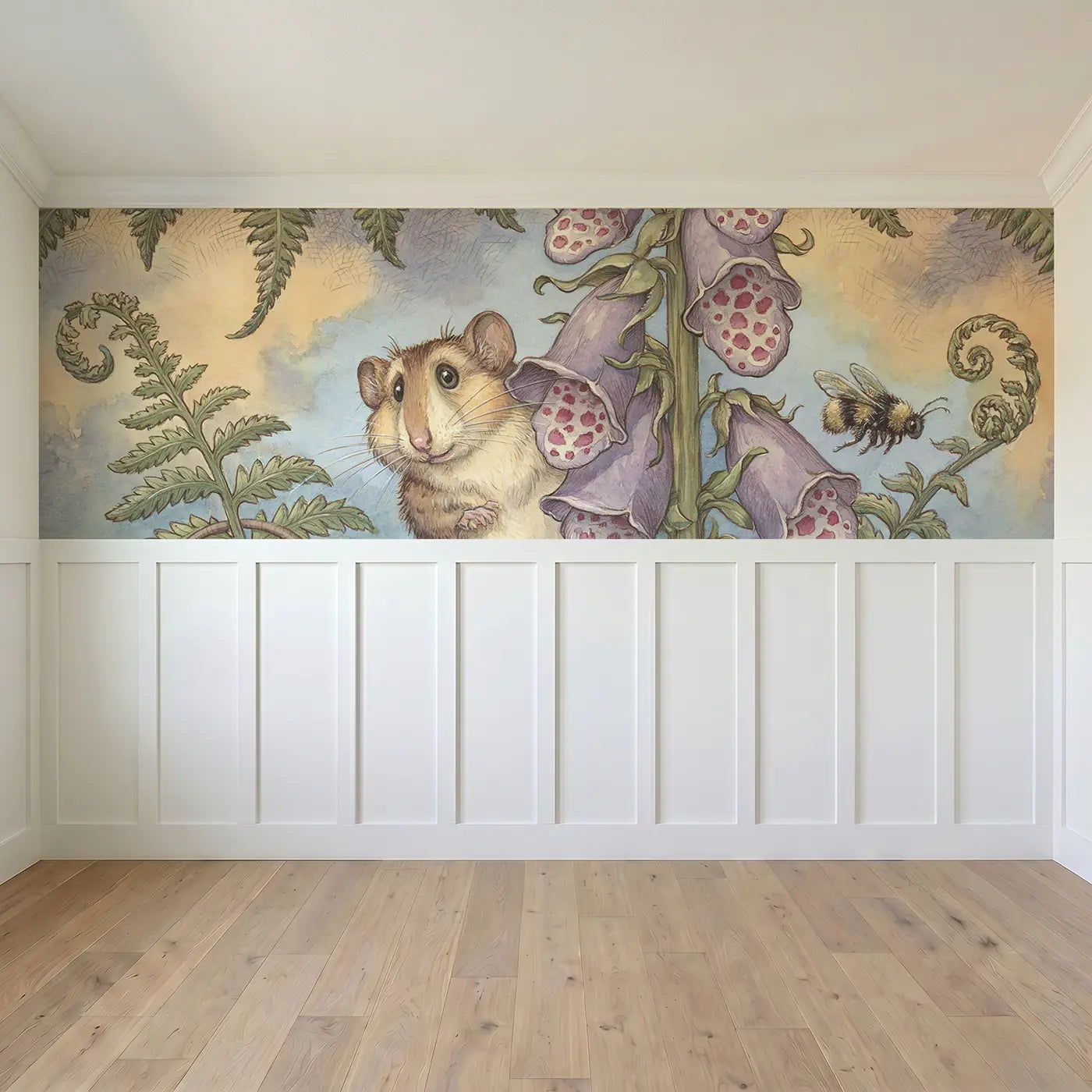 Full panel view of Dormouse Foxglove Tower Wainscoting Wallpaper by Whimsy Tots