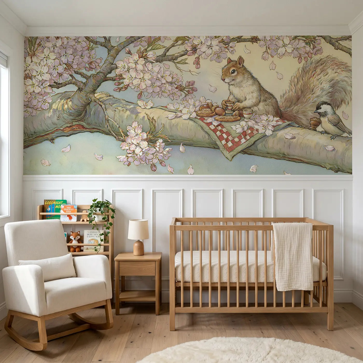Storybook squirrel blossom picnic wainscoting wallpaper for nursery by Whimsy Tots