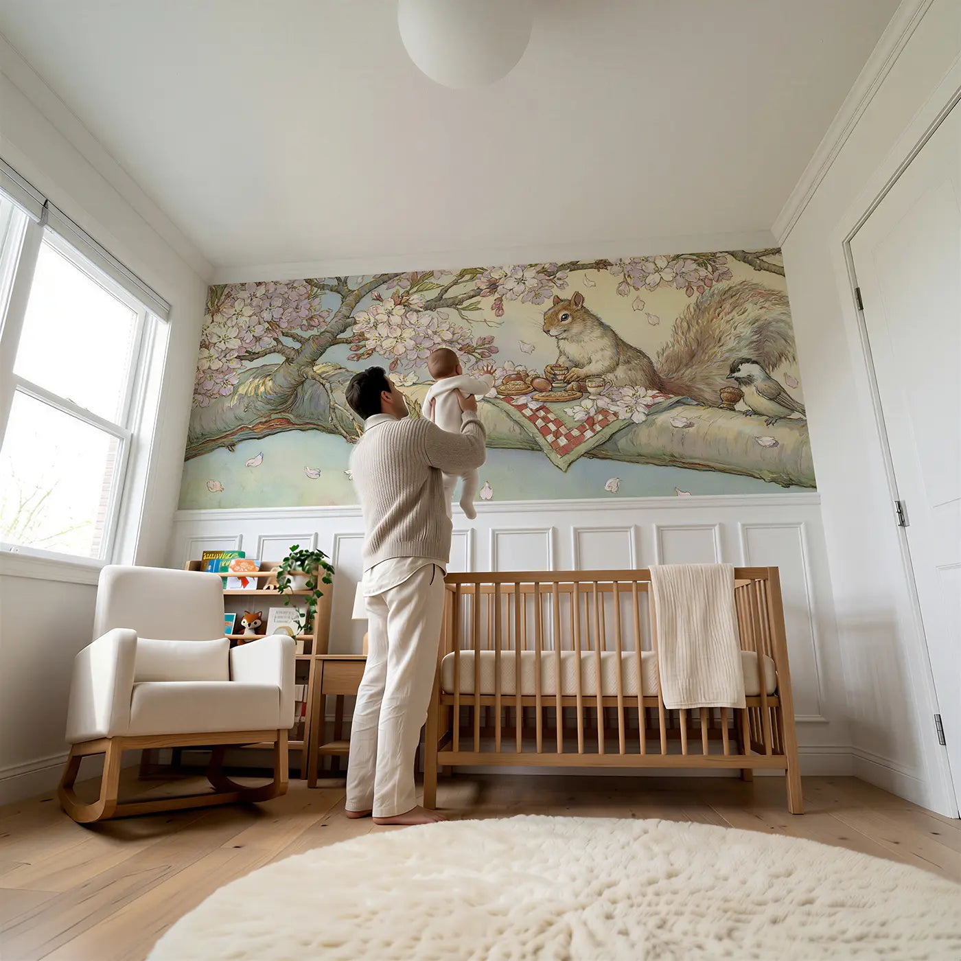 Child reading near Squirrel Blossom Picnic Wainscoting Wallpaper by Whimsy Tots