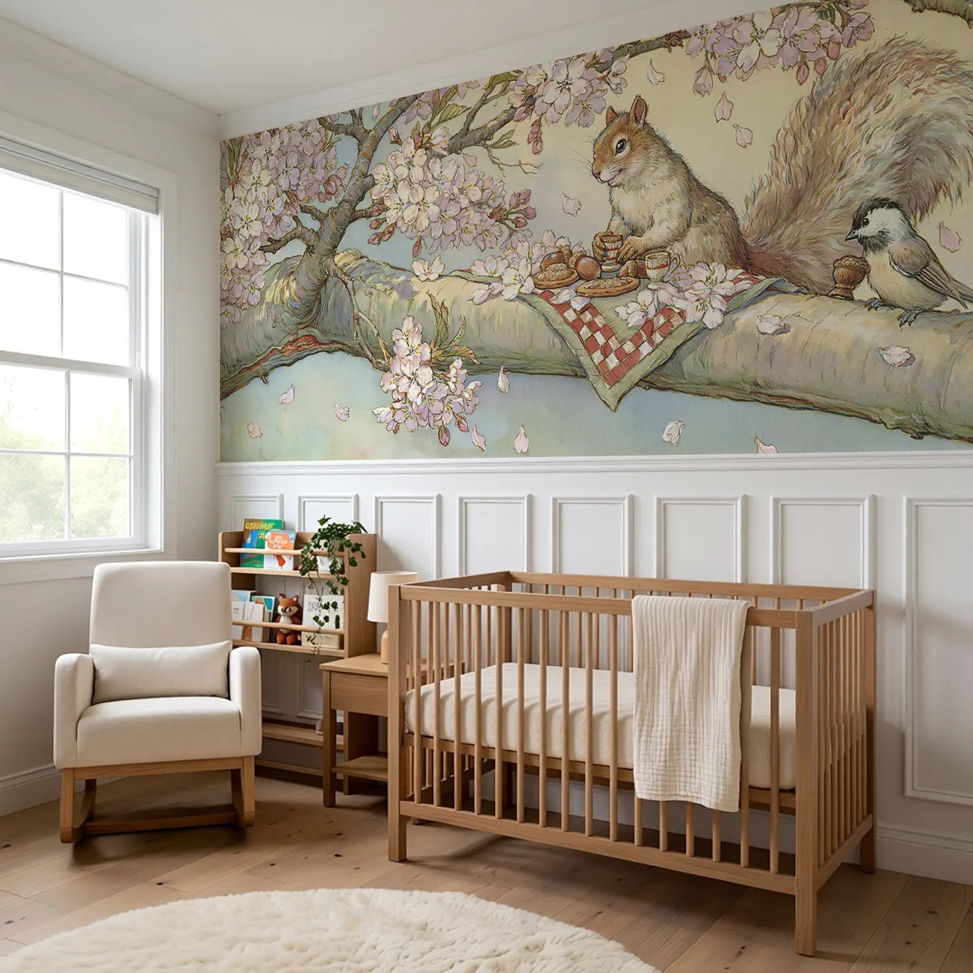 Squirrel Blossom Picnic Wainscoting Wallpaper styled in a kids bedroom by Whimsy Tots
