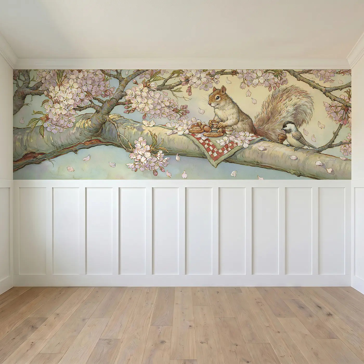 Full panel view of Squirrel Blossom Picnic Wainscoting Wallpaper by Whimsy Tots