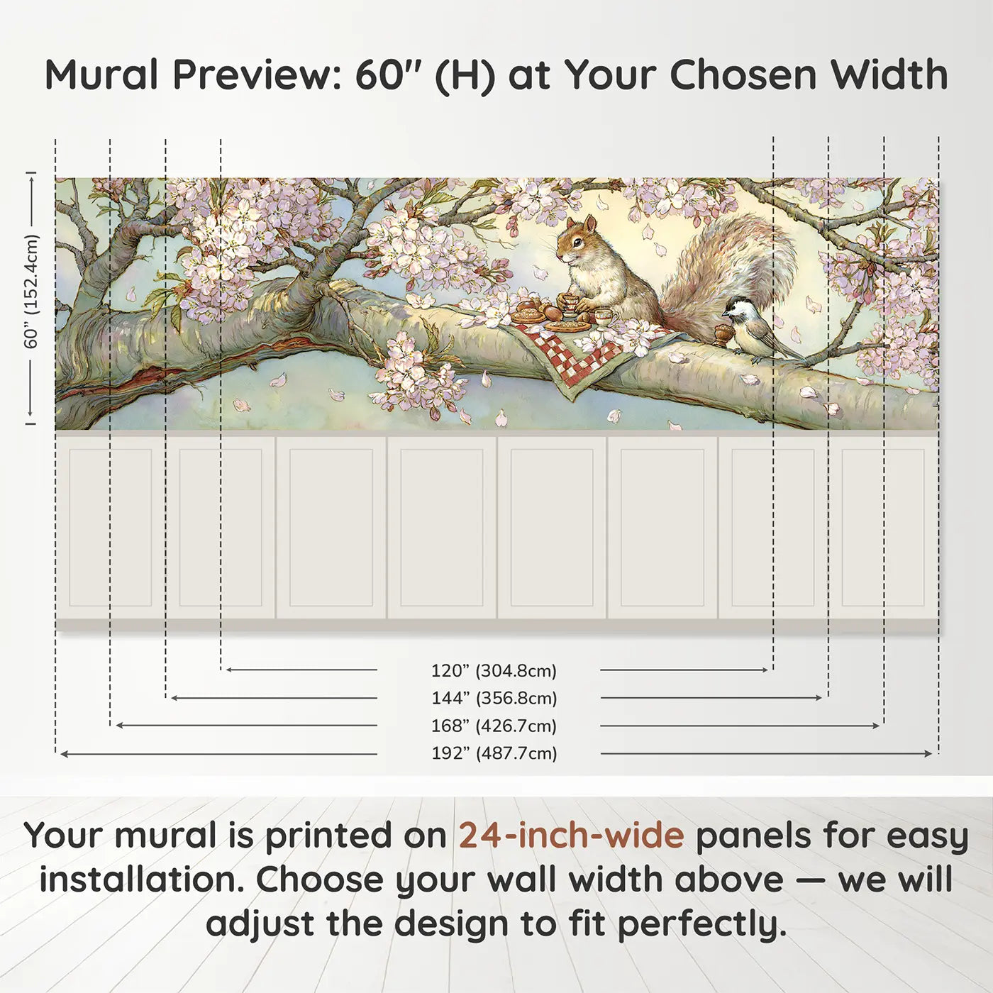 Panel dimensions for Squirrel Blossom Picnic Wainscoting Wallpaper by Whimsy Tots