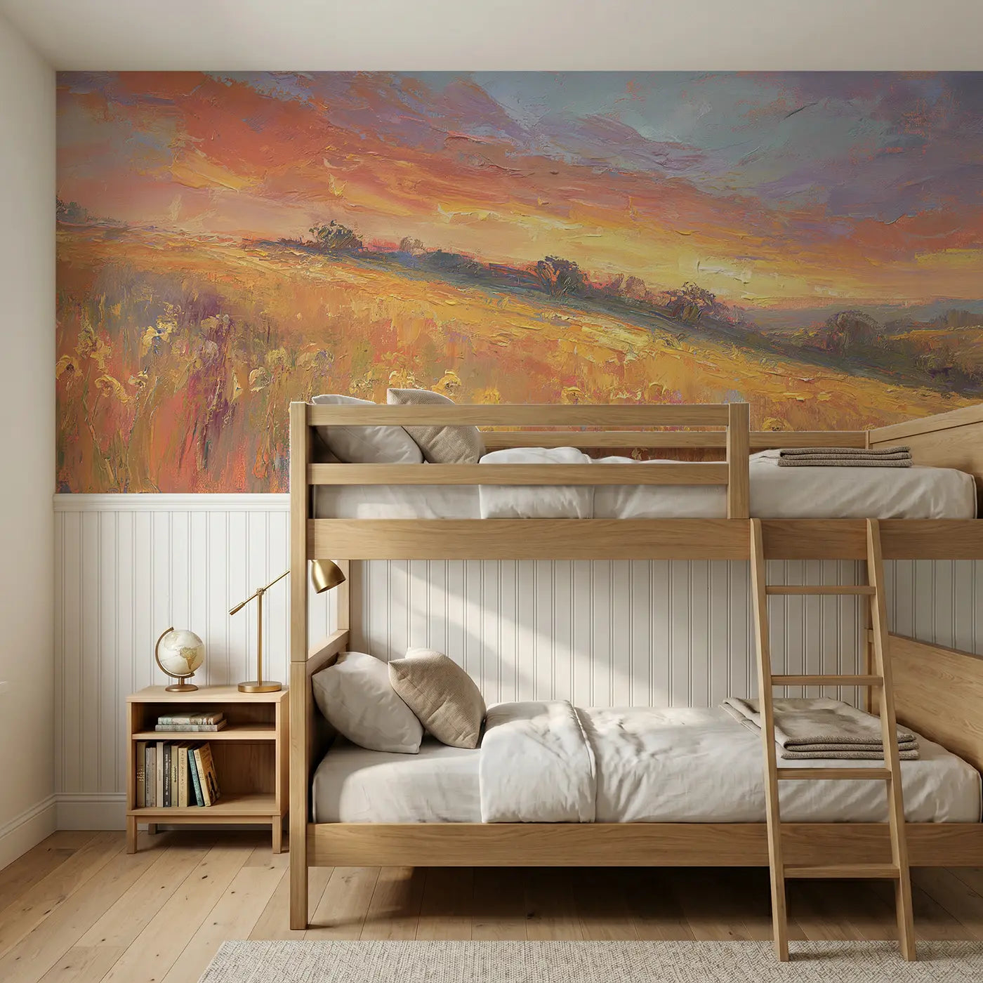 Painted Landscape golden meadow sunset valley wainscoting wallpaper for bedroom by Whimsy Tots