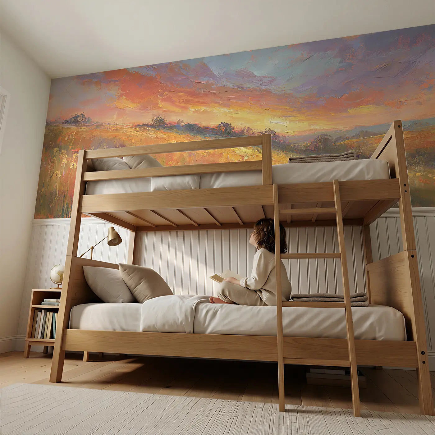 Child reading near Golden Meadow Sunset Valley Wainscoting Wallpaper by Whimsy Tots