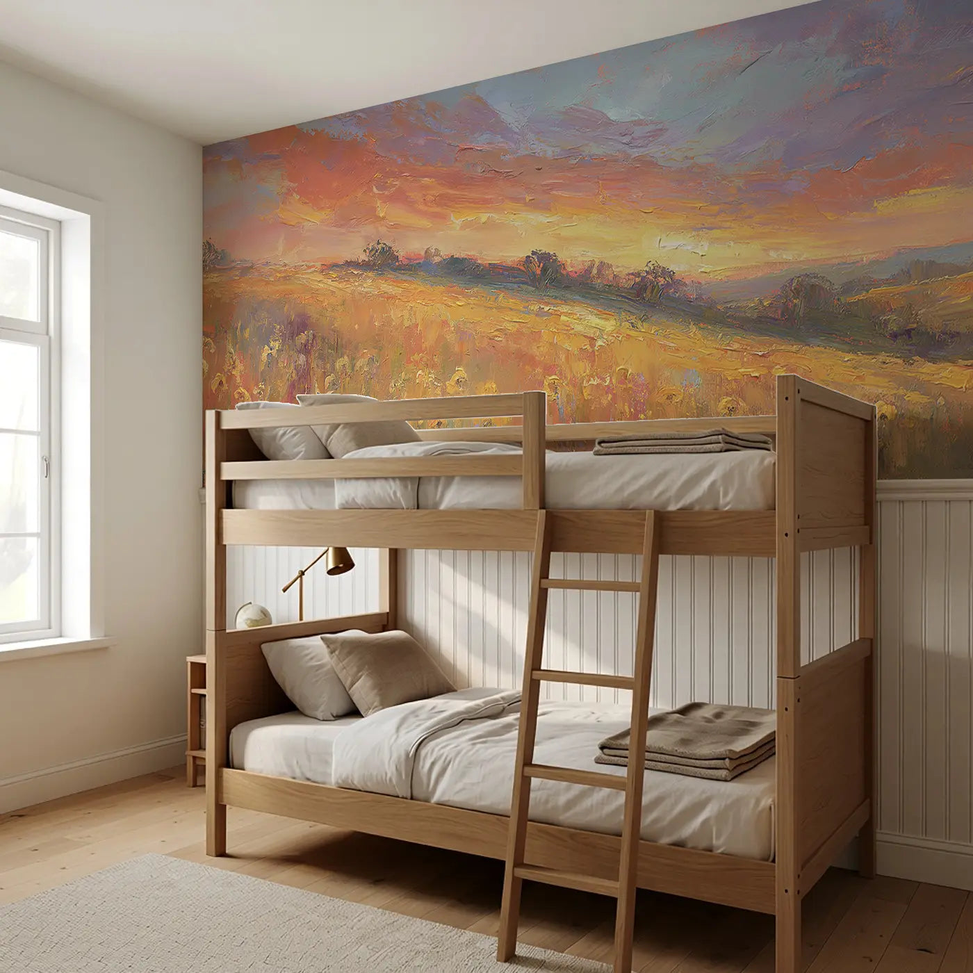 Golden Meadow Sunset Valley Wainscoting Wallpaper styled in a kids bedroom by Whimsy Tots
