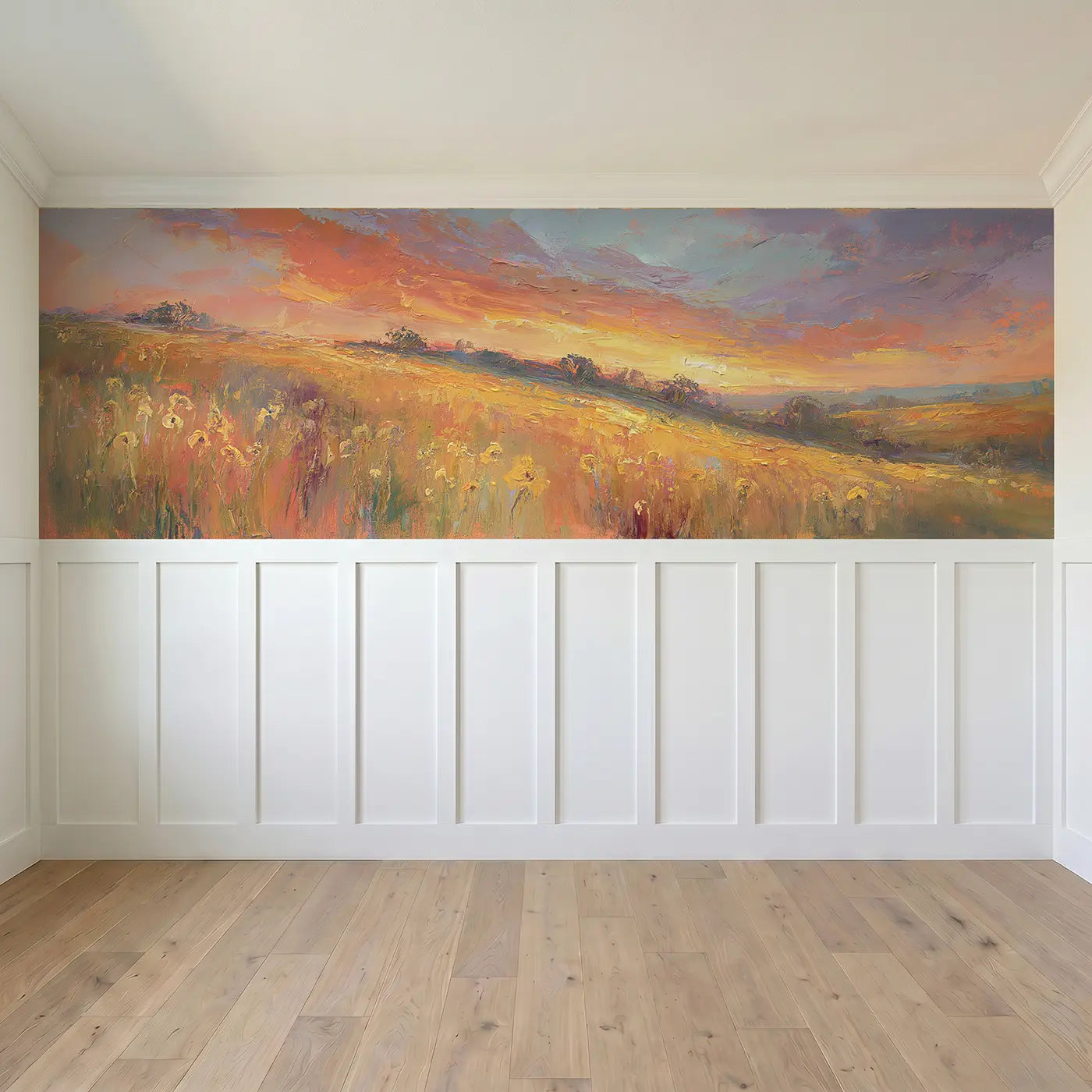 Full panel view of Golden Meadow Sunset Valley Wainscoting Wallpaper by Whimsy Tots