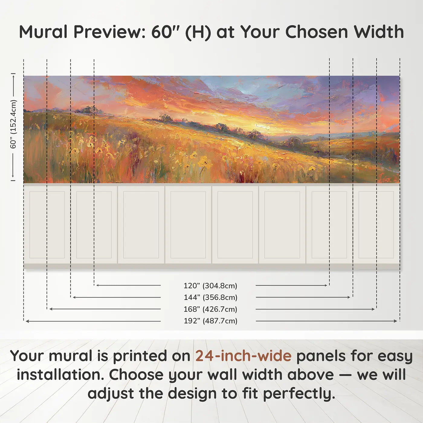 Panel dimensions for Golden Meadow Sunset Valley Wainscoting Wallpaper by Whimsy Tots