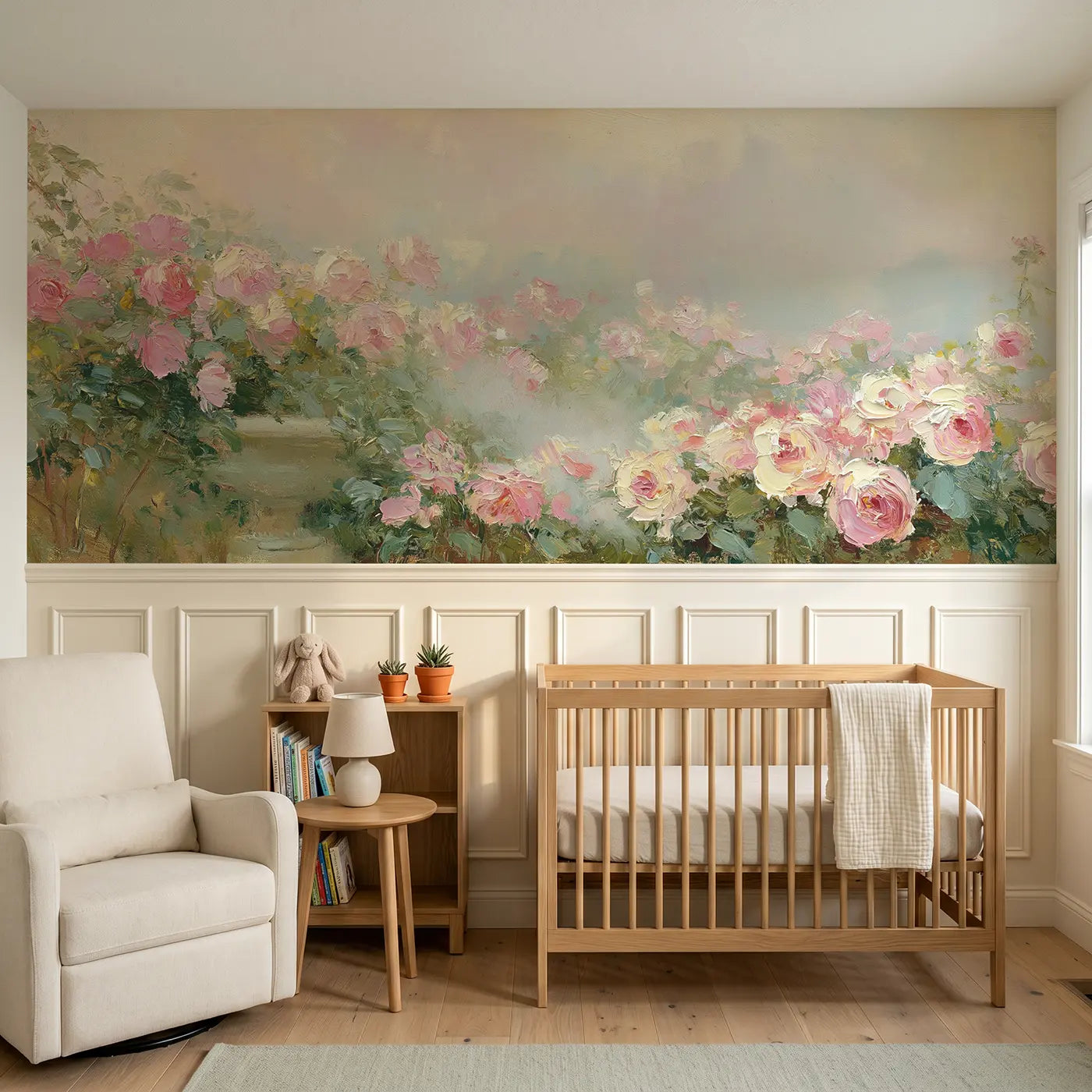 Painted Landscape morning rose garden mist wainscoting wallpaper for nursery by Whimsy Tots