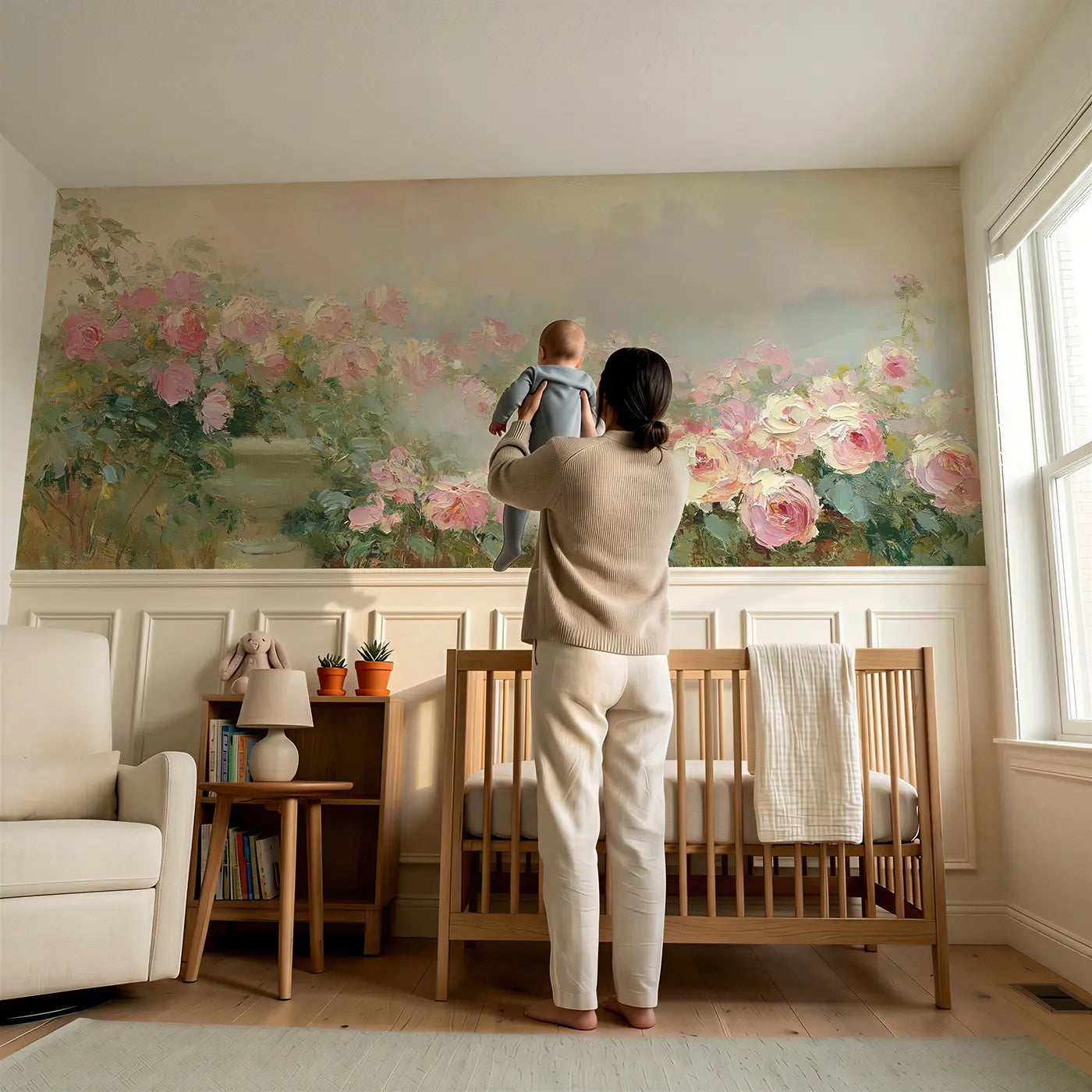 Child reading near Morning Rose Garden Mist Wainscoting Wallpaper by Whimsy Tots