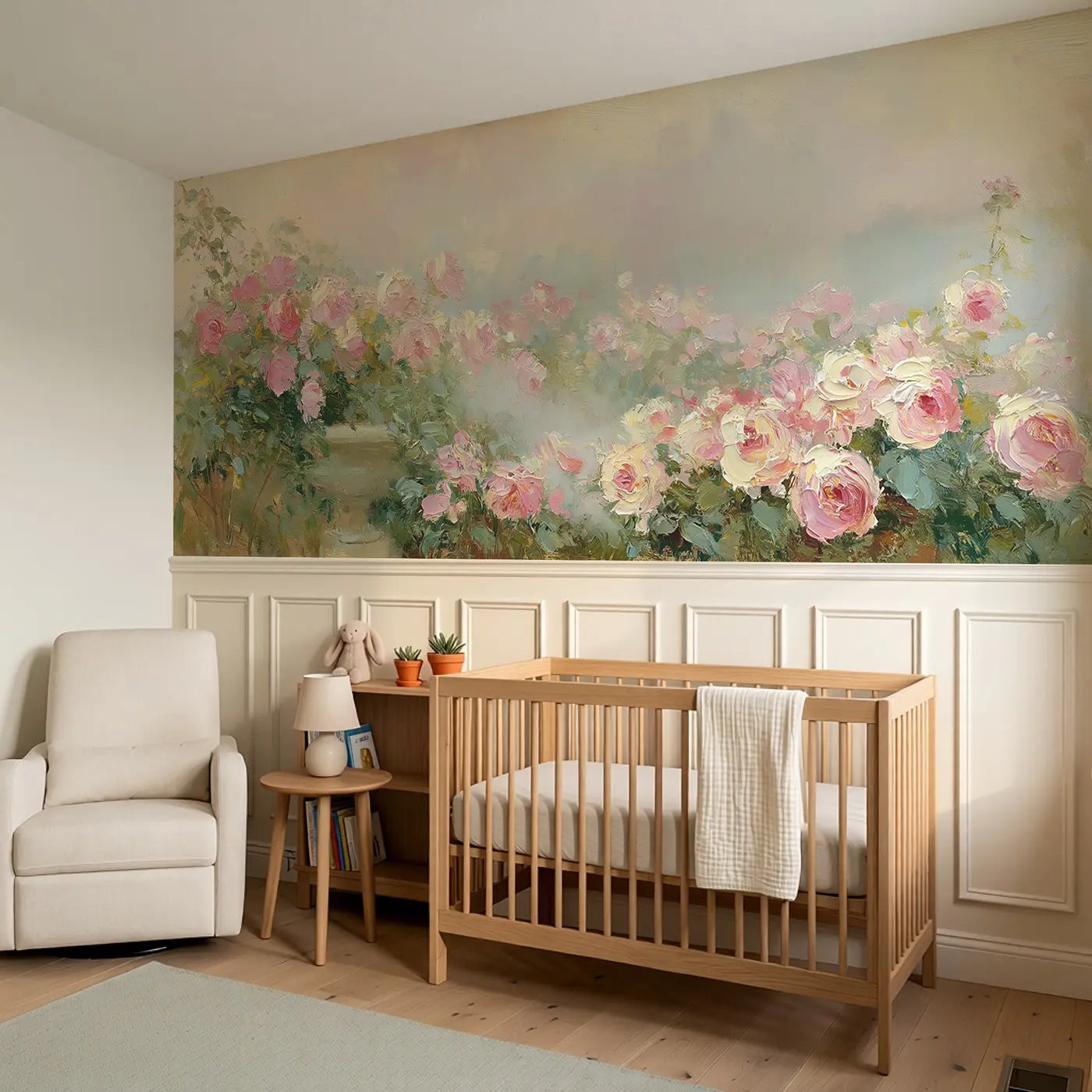 Morning Rose Garden Mist Wainscoting Wallpaper styled in a kids bedroom by Whimsy Tots