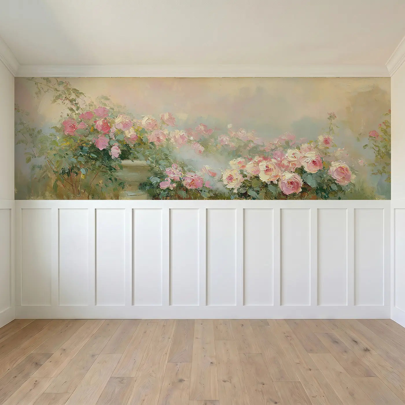 Full panel view of Morning Rose Garden Mist Wainscoting Wallpaper by Whimsy Tots