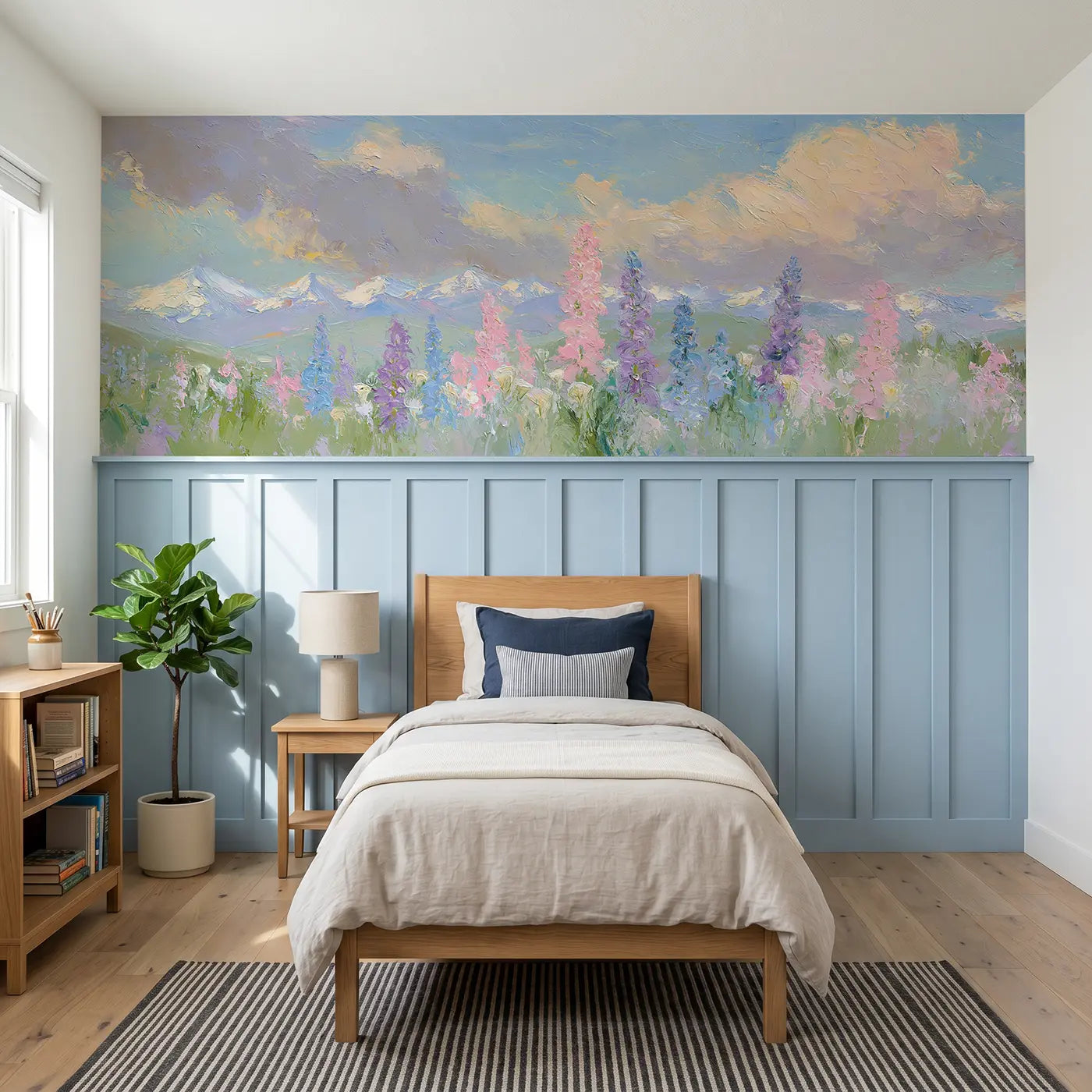Painted Landscape lupine mountain meadow wainscoting wallpaper for bedroom by Whimsy Tots
