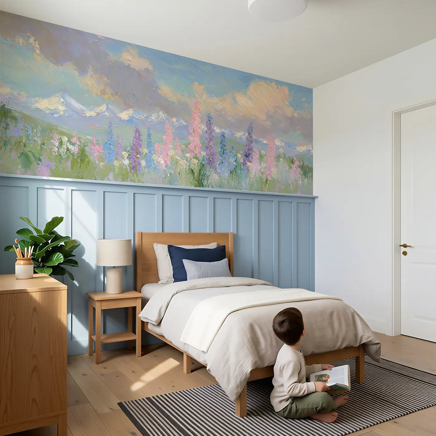 Child reading near Lupine Mountain Meadow Wainscoting Wallpaper by Whimsy Tots