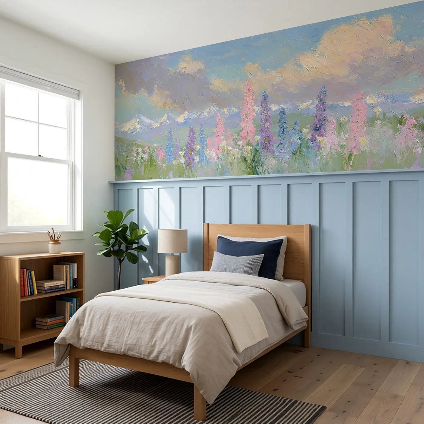Lupine Mountain Meadow Wainscoting Wallpaper styled in a kids bedroom by Whimsy Tots