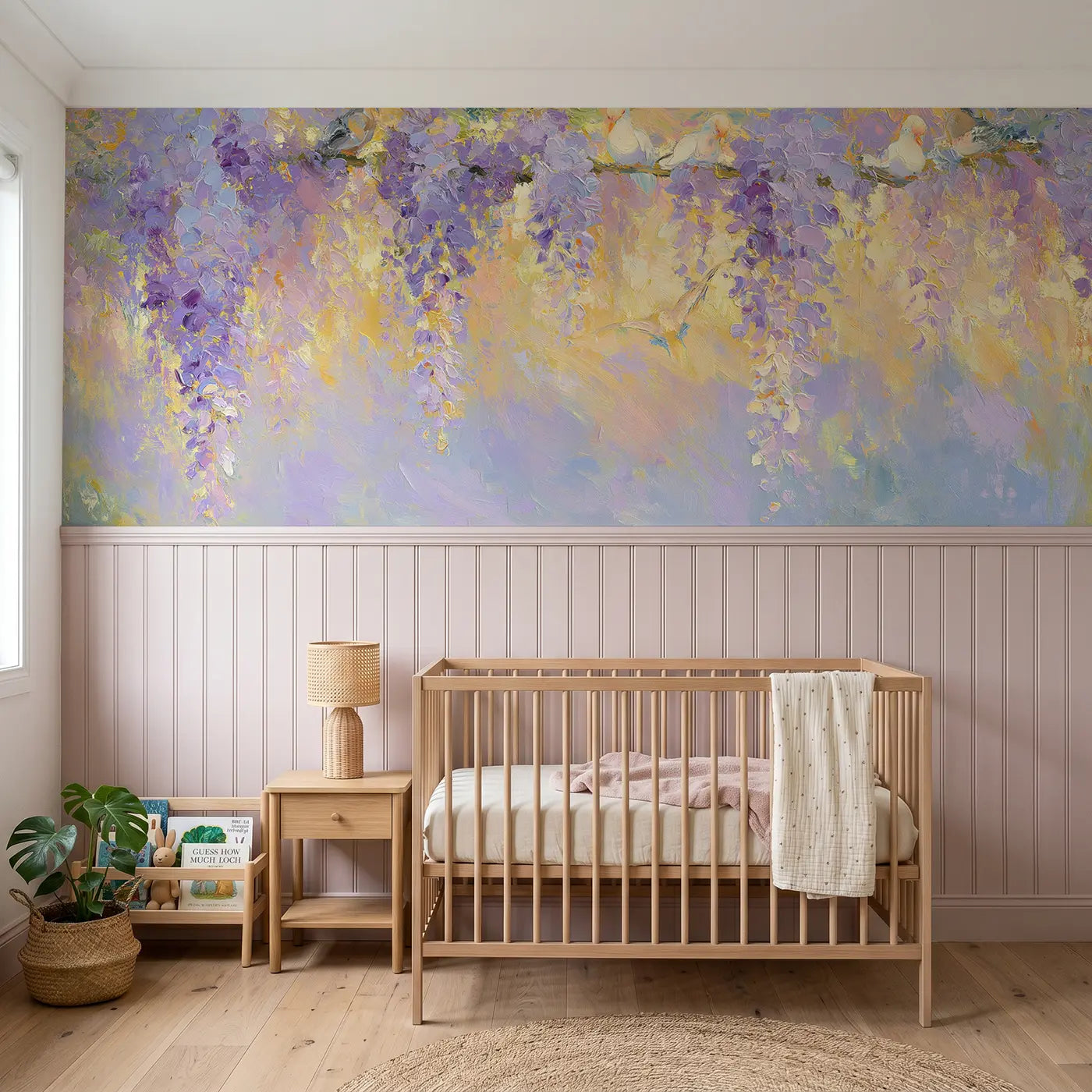 Painted Landscape wisteria arbor afternoon wainscoting wallpaper for nursery by Whimsy Tots