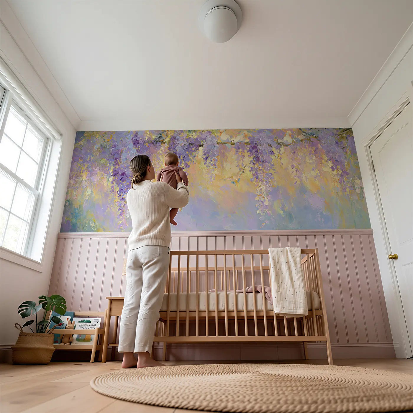 Child reading near Wisteria Arbor Afternoon Wainscoting Wallpaper by Whimsy Tots
