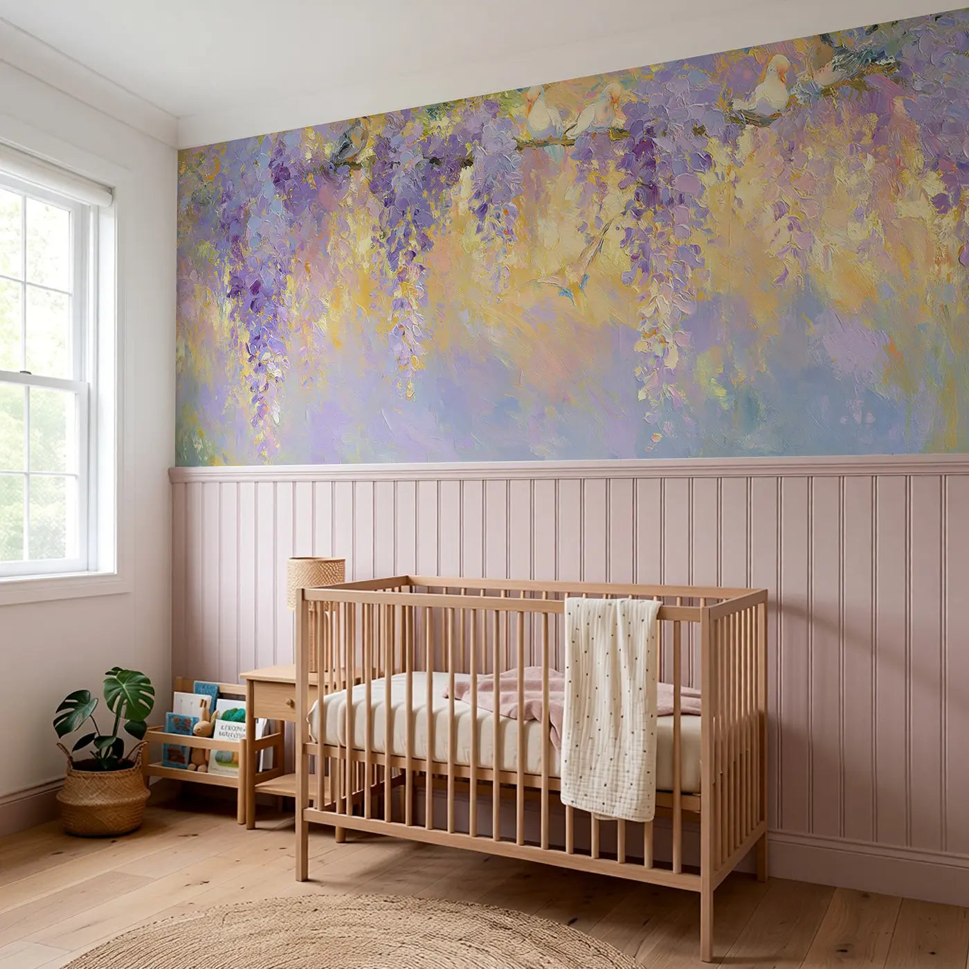 Wisteria Arbor Afternoon Wainscoting Wallpaper styled in a kids bedroom by Whimsy Tots