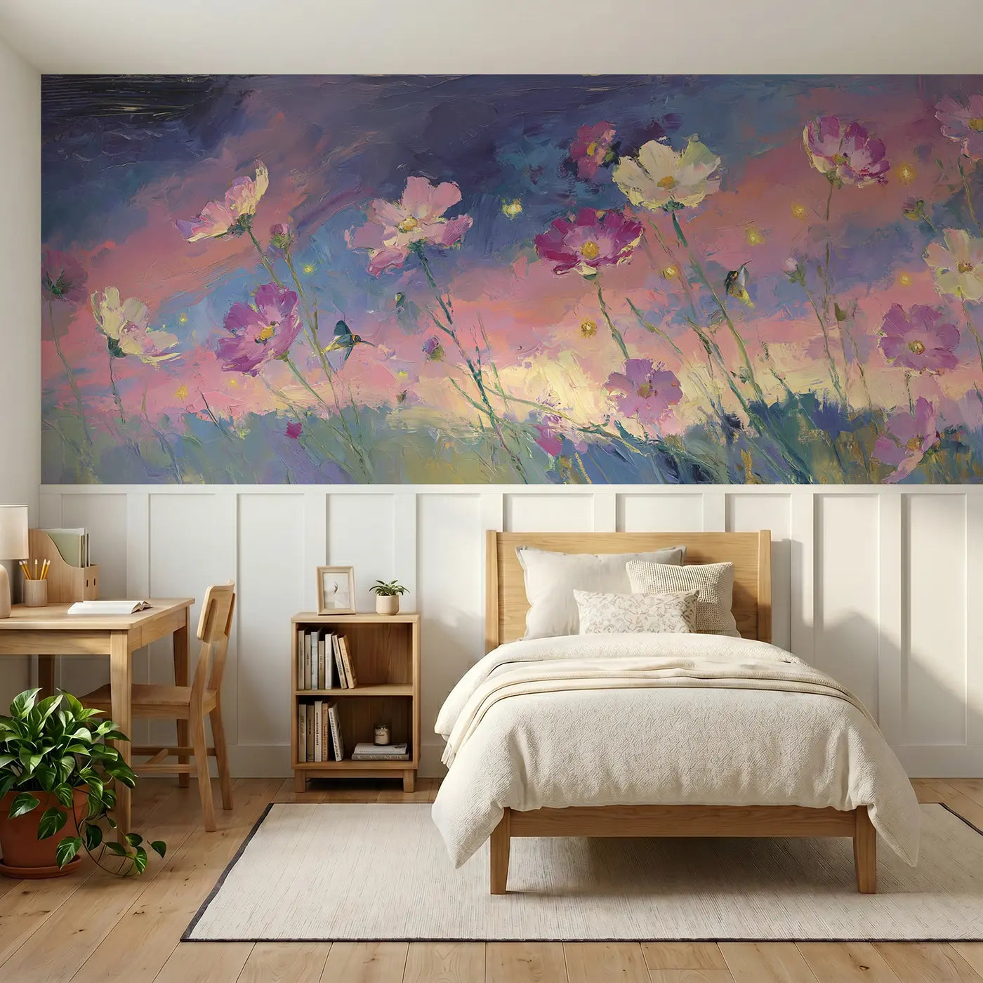 Painted Landscape cosmos field twilight wainscoting wallpaper for bedroom by Whimsy Tots