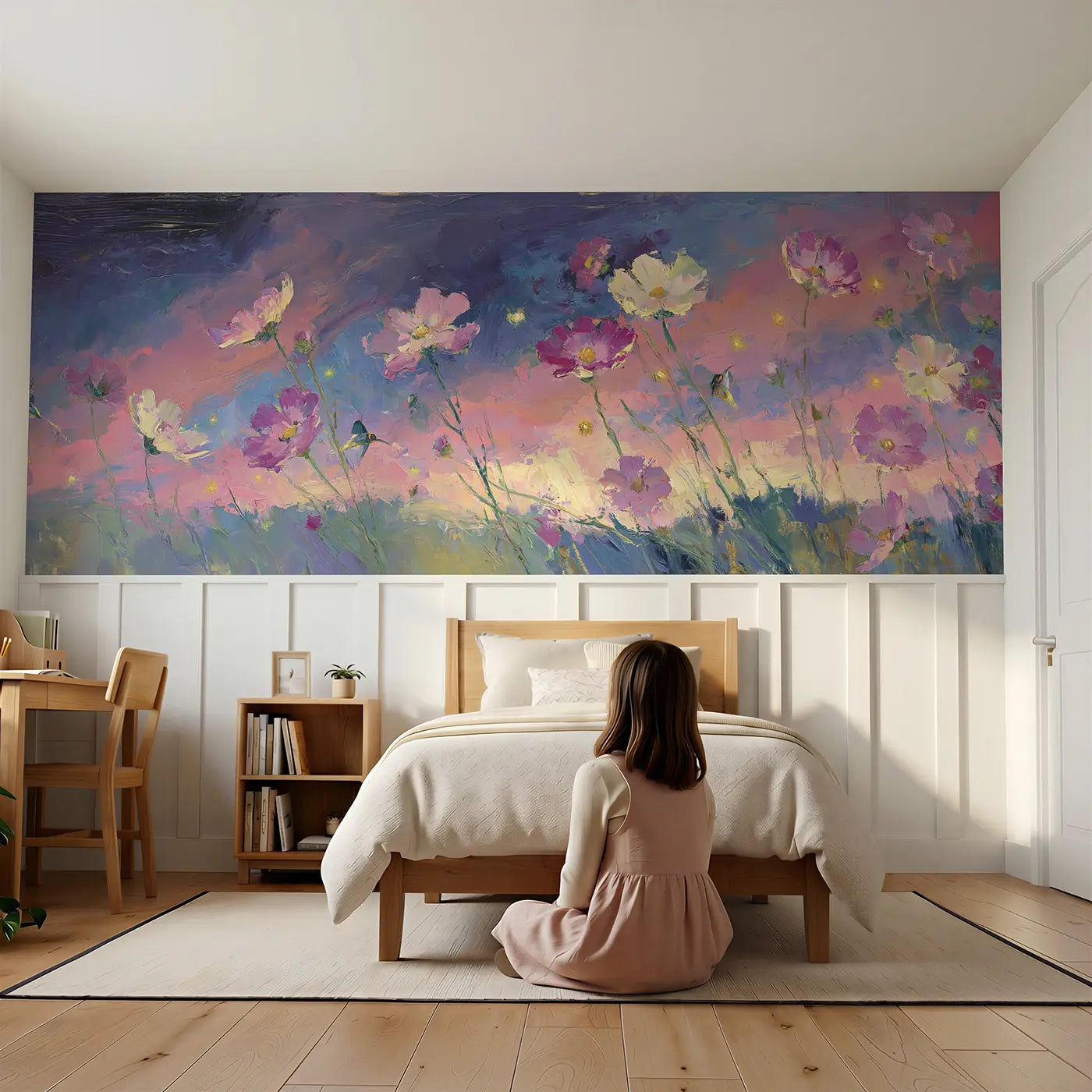 Child reading near Cosmos Field Twilight Wainscoting Wallpaper by Whimsy Tots