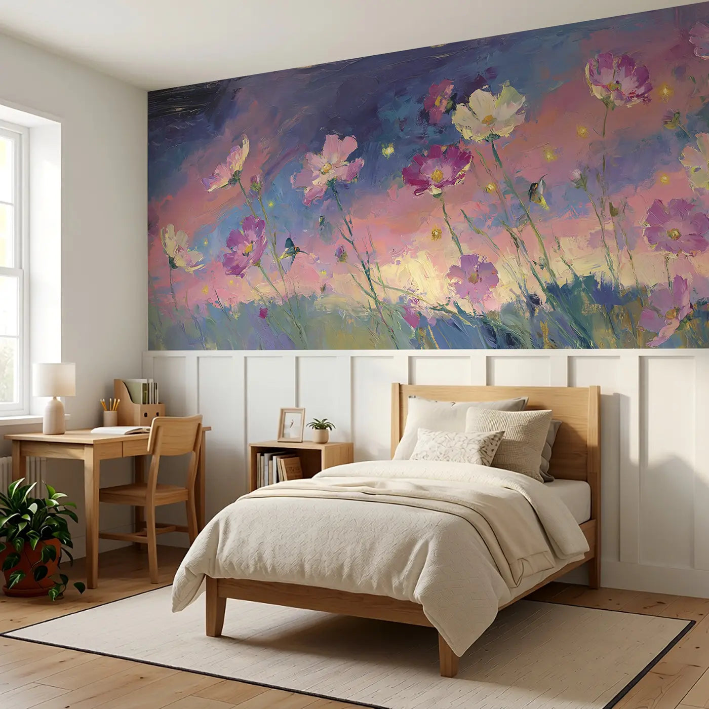 Cosmos Field Twilight Wainscoting Wallpaper styled in a kids bedroom by Whimsy Tots