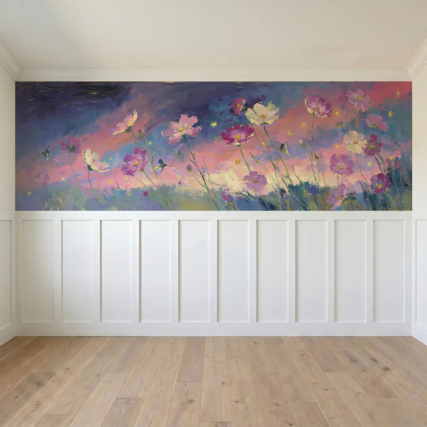 Full panel view of Cosmos Field Twilight Wainscoting Wallpaper by Whimsy Tots