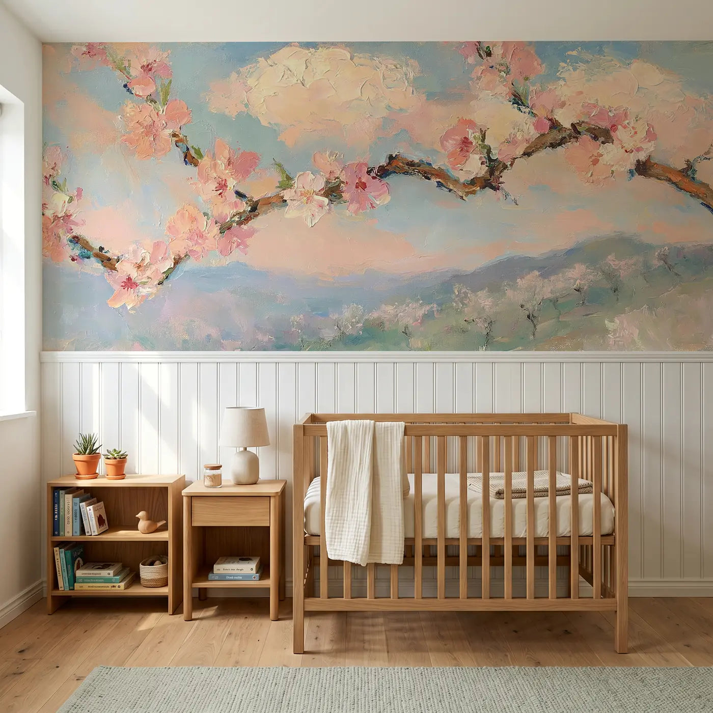 Painted Landscape peach orchard spring bloom wainscoting wallpaper for nursery by Whimsy Tots