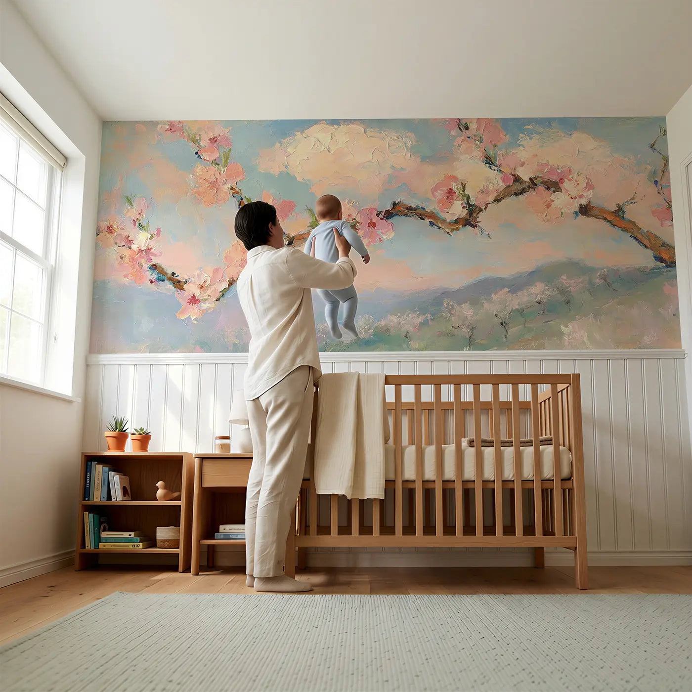 Child reading near Peach Orchard Spring Bloom Wainscoting Wallpaper by Whimsy Tots