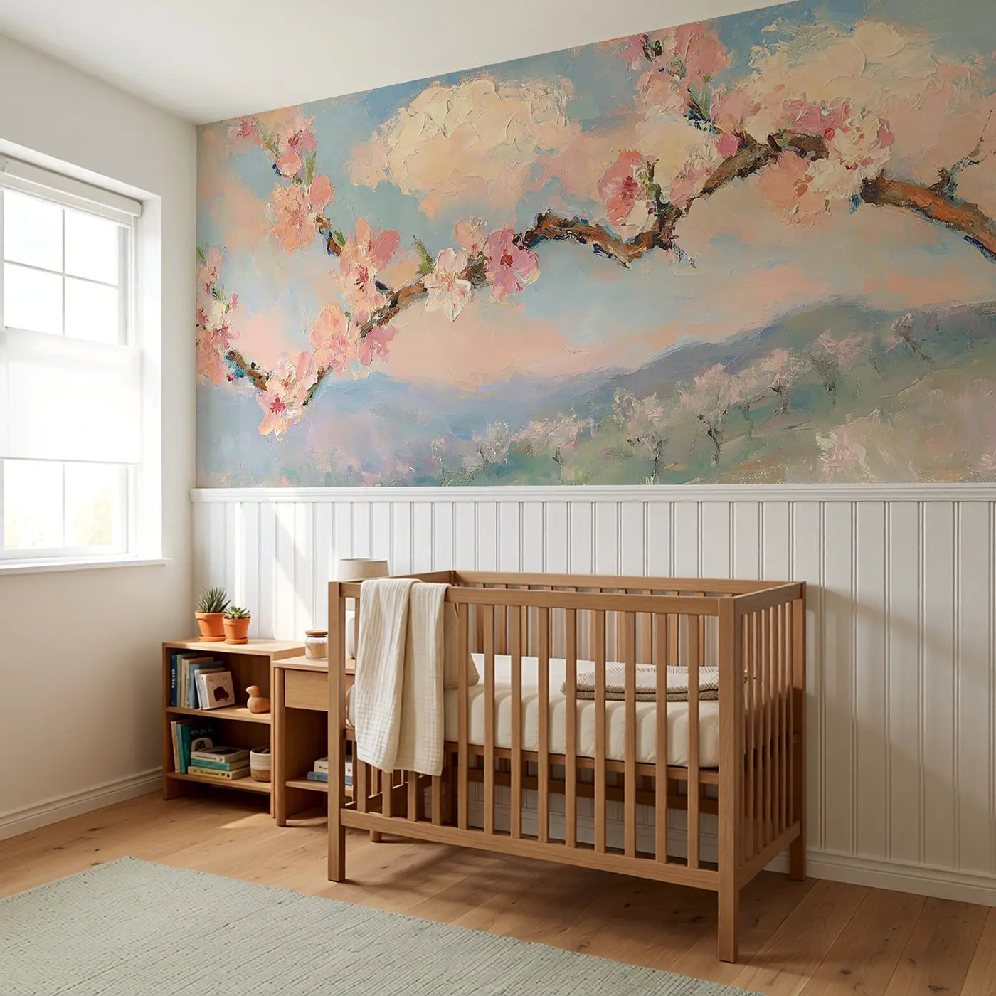 Peach Orchard Spring Bloom Wainscoting Wallpaper styled in a kids bedroom by Whimsy Tots
