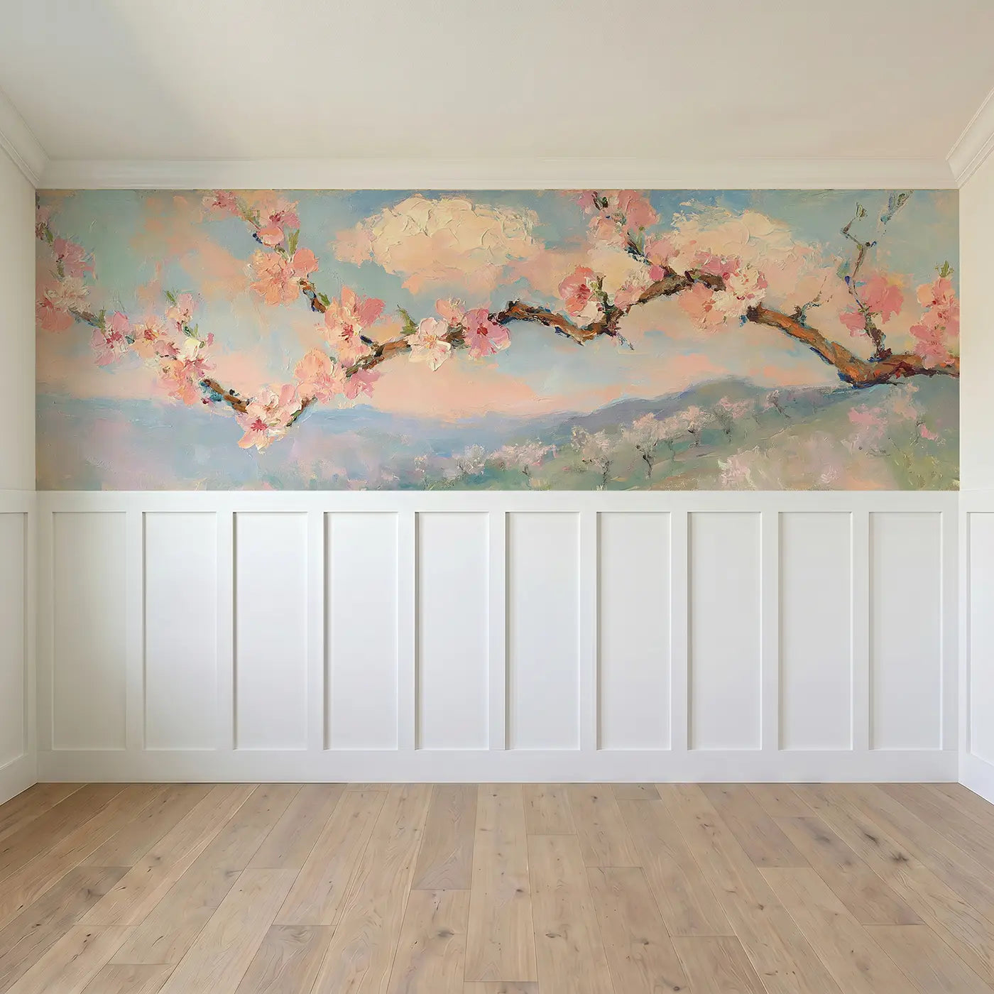 Full panel view of Peach Orchard Spring Bloom Wainscoting Wallpaper by Whimsy Tots