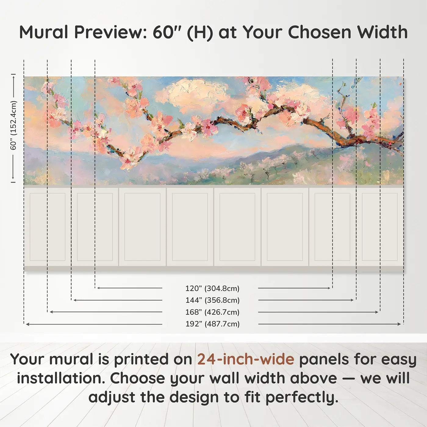Panel dimensions for Peach Orchard Spring Bloom Wainscoting Wallpaper by Whimsy Tots